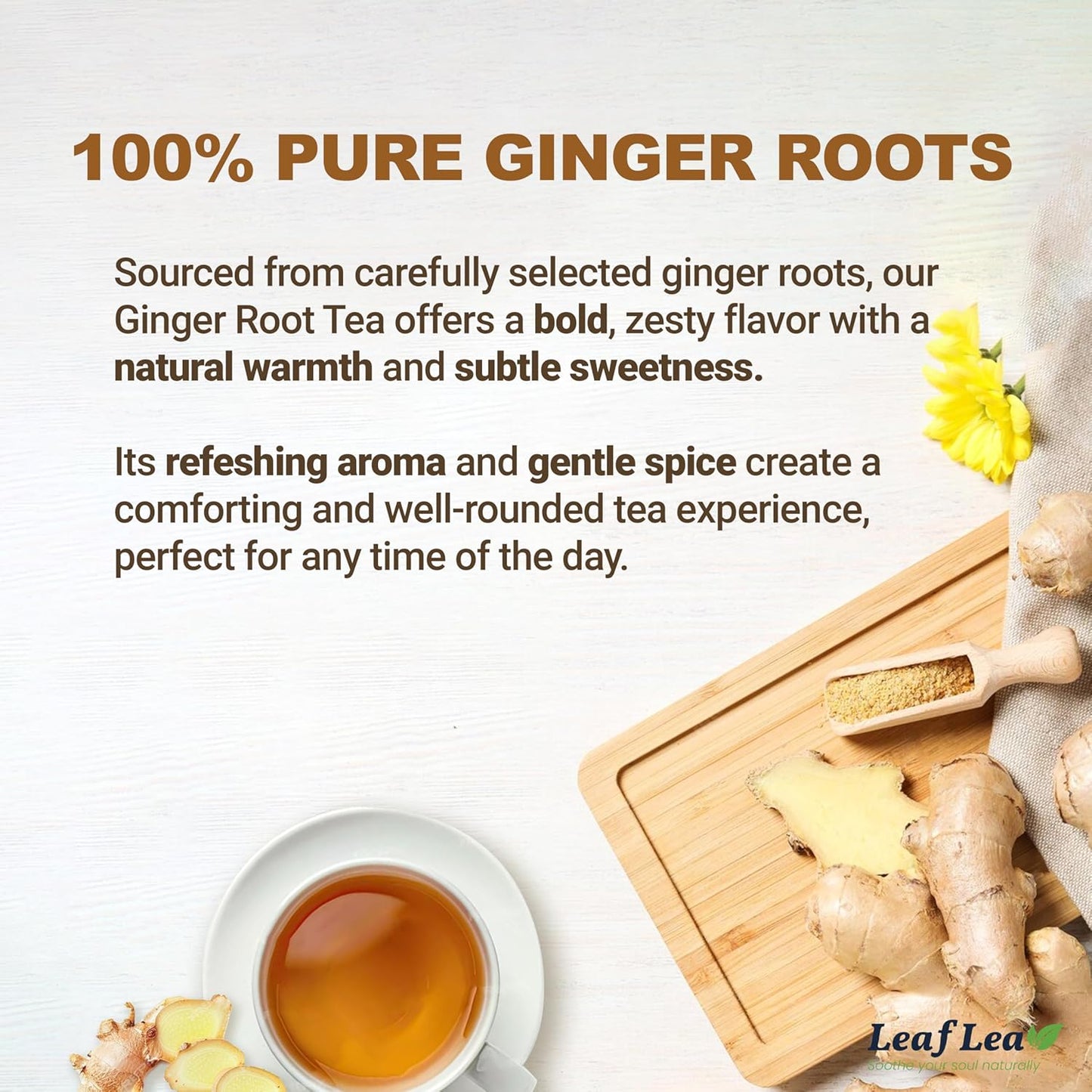LeafLea 40 Ginger Tea Bags, 100% Pure & Natural from Dried Ginger Root Tea, Spicy & Comforting Herbal Tea Supports Digestion, Caffeine Free, Sugar Free, No Gluten, Non-GMO, Vegan