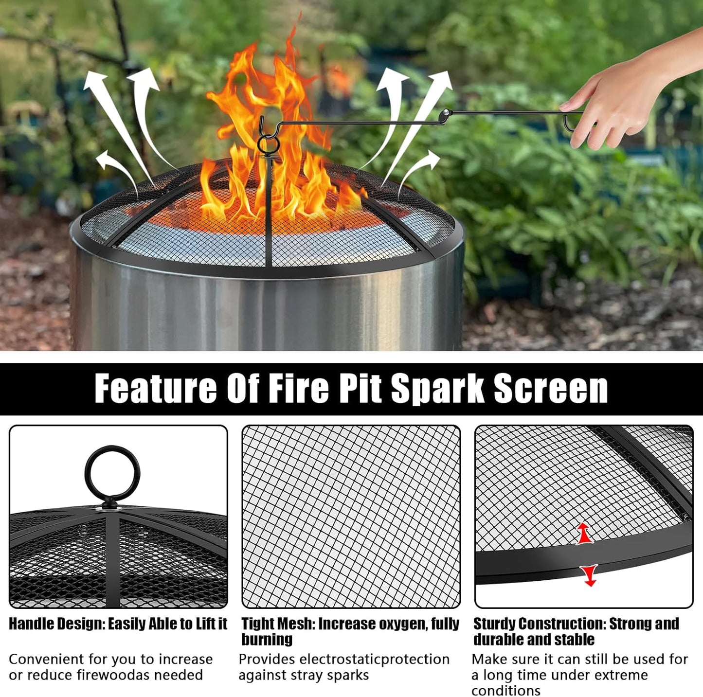 Fire Pit Spark Screen, Fire Pit Screen 27 Inch Round with Handle & Poker, Collapsible Heavy Duty Mesh Fire Pit Cover Fire Pit Lid for Outdoor/Patio/Backyard/RV Camping/Beach