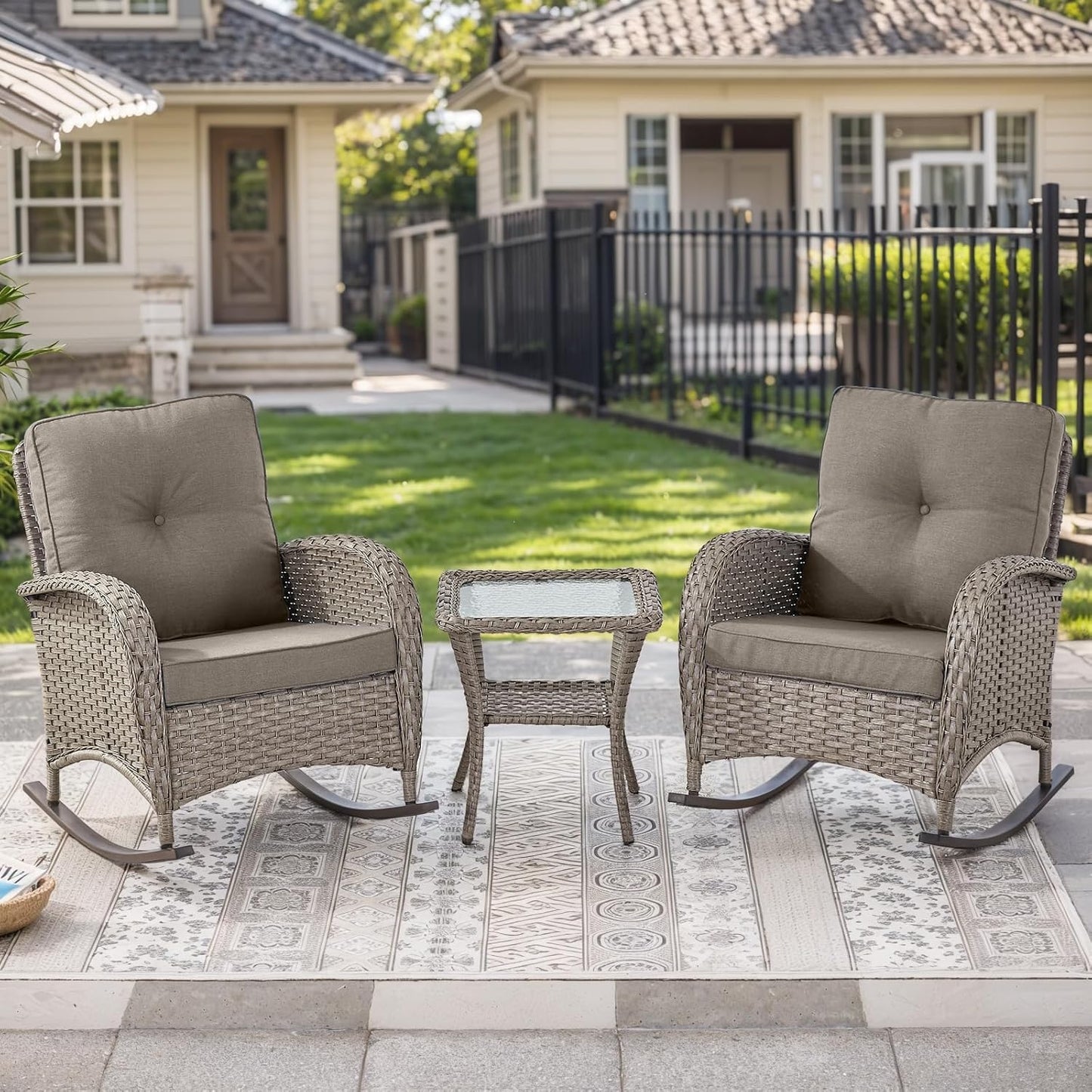 HUMMUH Outdoor Bistro Set-High Back Outdoor Rocking Chair with Side Table Patio Table and Chairs Set for Deck Lawn Porch Balcony Poolside-Grey/Grey