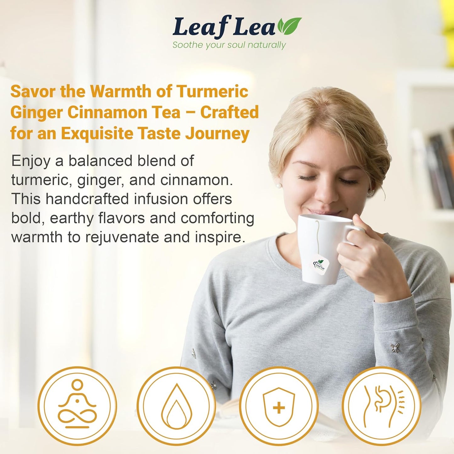 LeafLea 240 Turmeric Ginger Tea Bags, 100% Natural Herbal Blend with Cinnamon, Supports Digestion and Immune Health, Warm and Spicy Flavor, Sugar-Free, Caffeine-Free, Non-GMO, Pack of 6