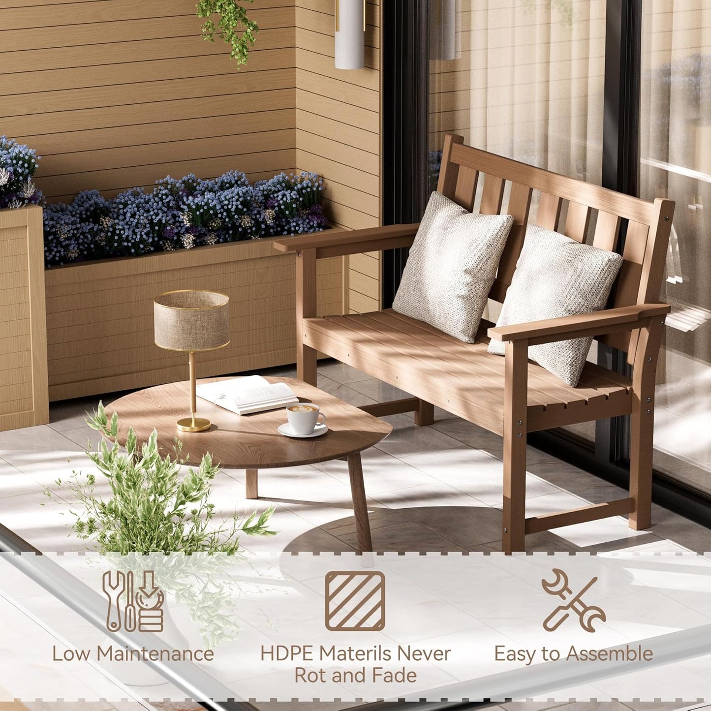 HDPE Memorial Bench – 50'' Weatherproof Durable Outdoor Bench, 2-Person Park Bench, Easy to Move, Multi-Purpose Design Ideal for Porch, Patio, Church, and School (Brown)