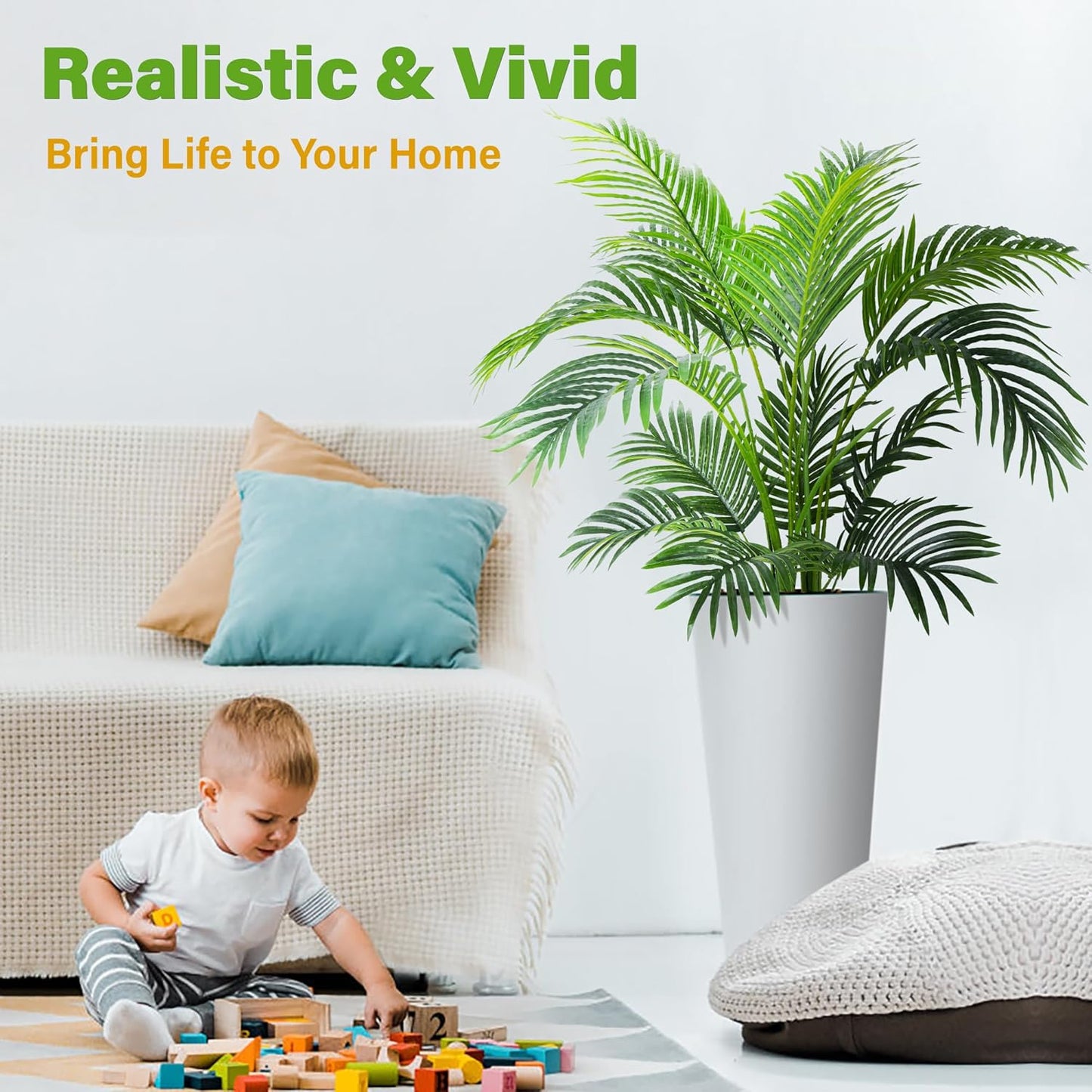 KOL 4ft 2-Pack Artificial Palm Tree Plant, 47in Fake Cane Areca Palm Silk Tree Indoor Outdoor,Dypsis Lutescens, Realistic Faux Silk Plants for Office Home Garden Decoration, Lifelike Modern Decor