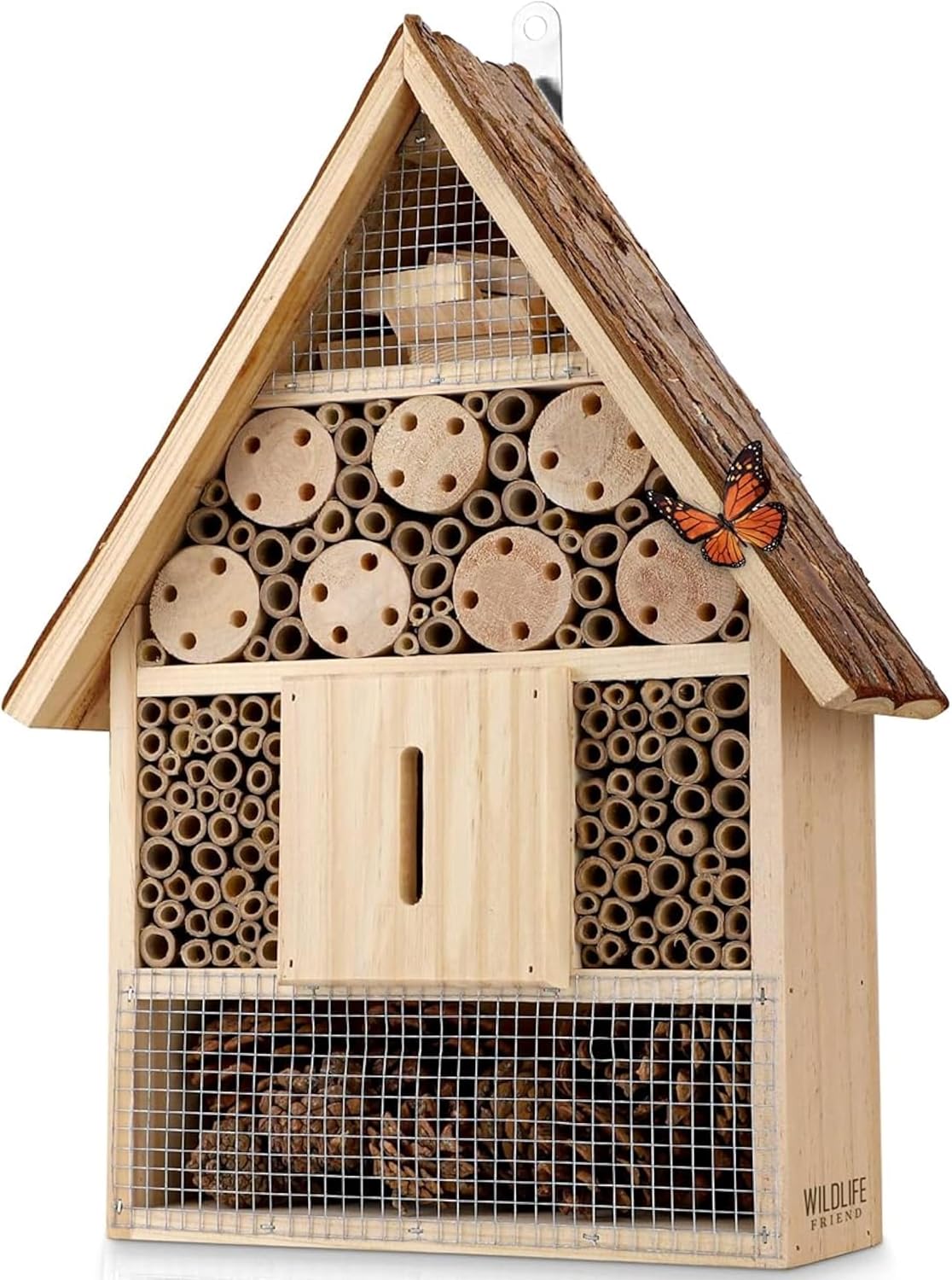 I Large Insect Hotel with bark roof Natural, Weatherproof, Insect House Made of Natural Wood for Bees, Ladybugs, lacewings, Butterflies, bee Hotel, Nesting aid for Hanging