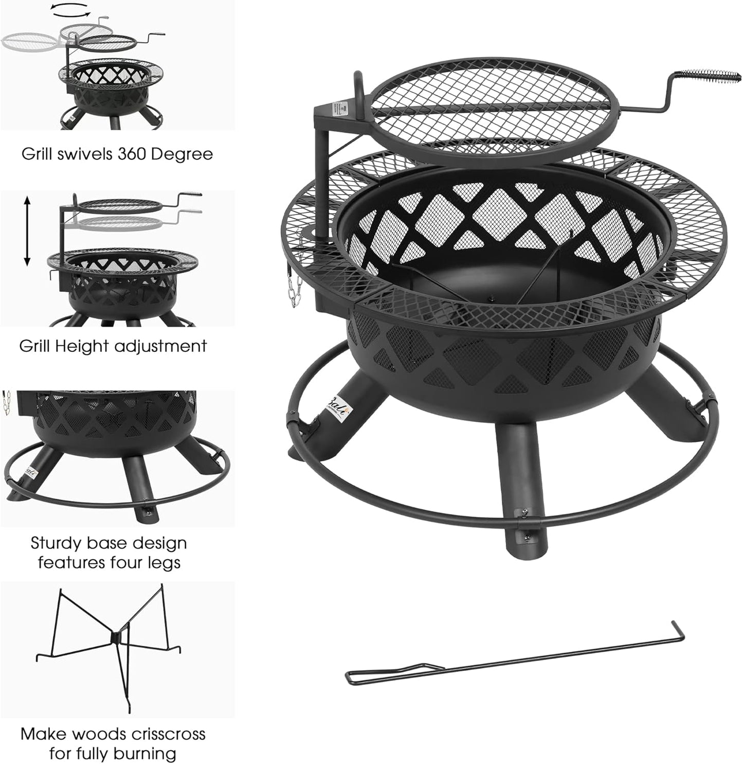 BALI OUTDOORS Fire Pit with Poker, 32 inch Outdoor Fire Pit Patio, Wood Burning Firepits for Outside with Grill