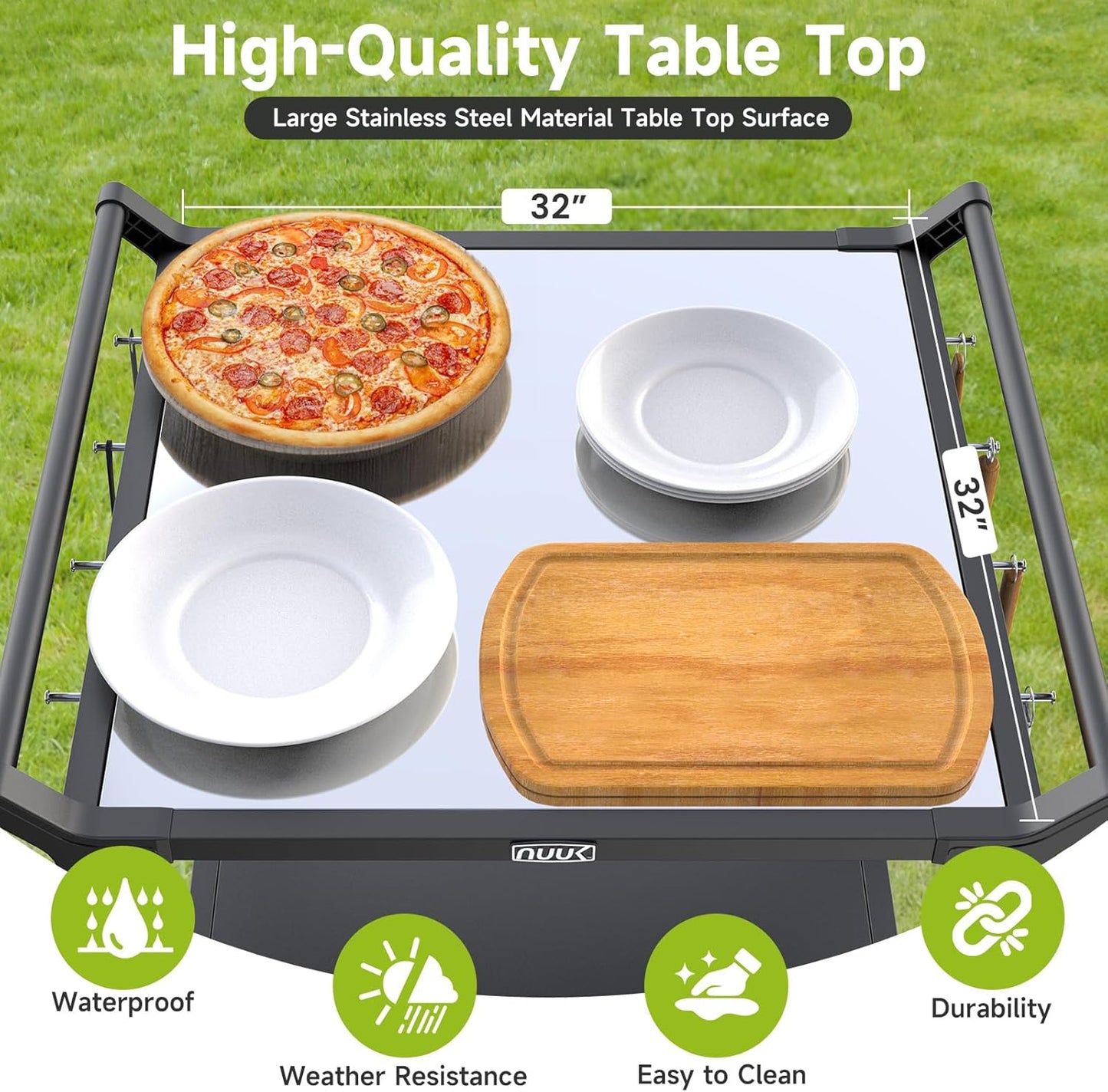 NUUK Grill Cart for Outdoor 32" x 32" Stainless Steel Pizza Oven Table with Double-Shelf Rolling BBQ Kitchen Food Prep Cart for Garden Patio
