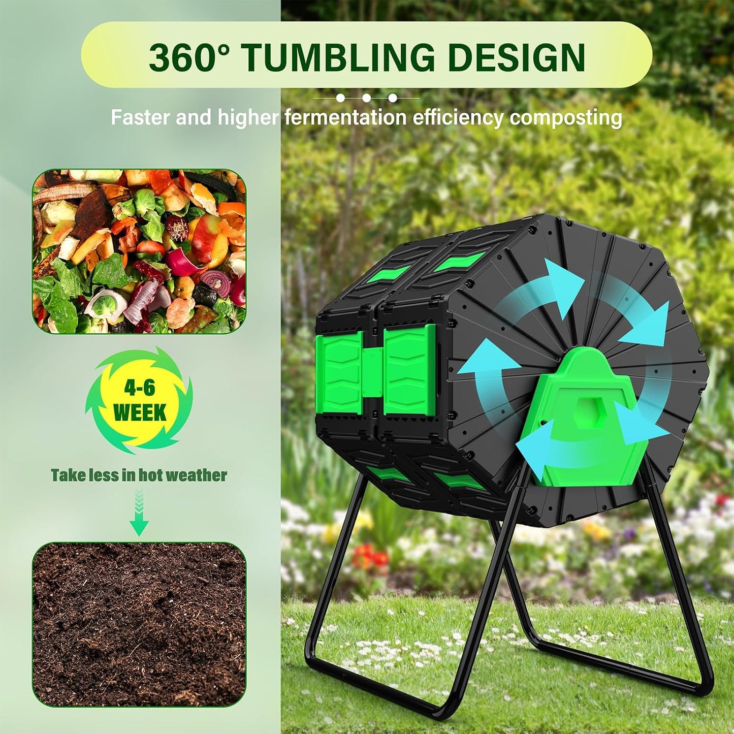 Compost Tumbler, 45 Gallon / 170L Dual Chamber Compost Bin Outdoor, 360° Rotating Composter Tumbler, BPA-Free Fast-Working All-Season Heavy-Duty Large Capacity Compost Bin Kitchen Garden Yard Waste