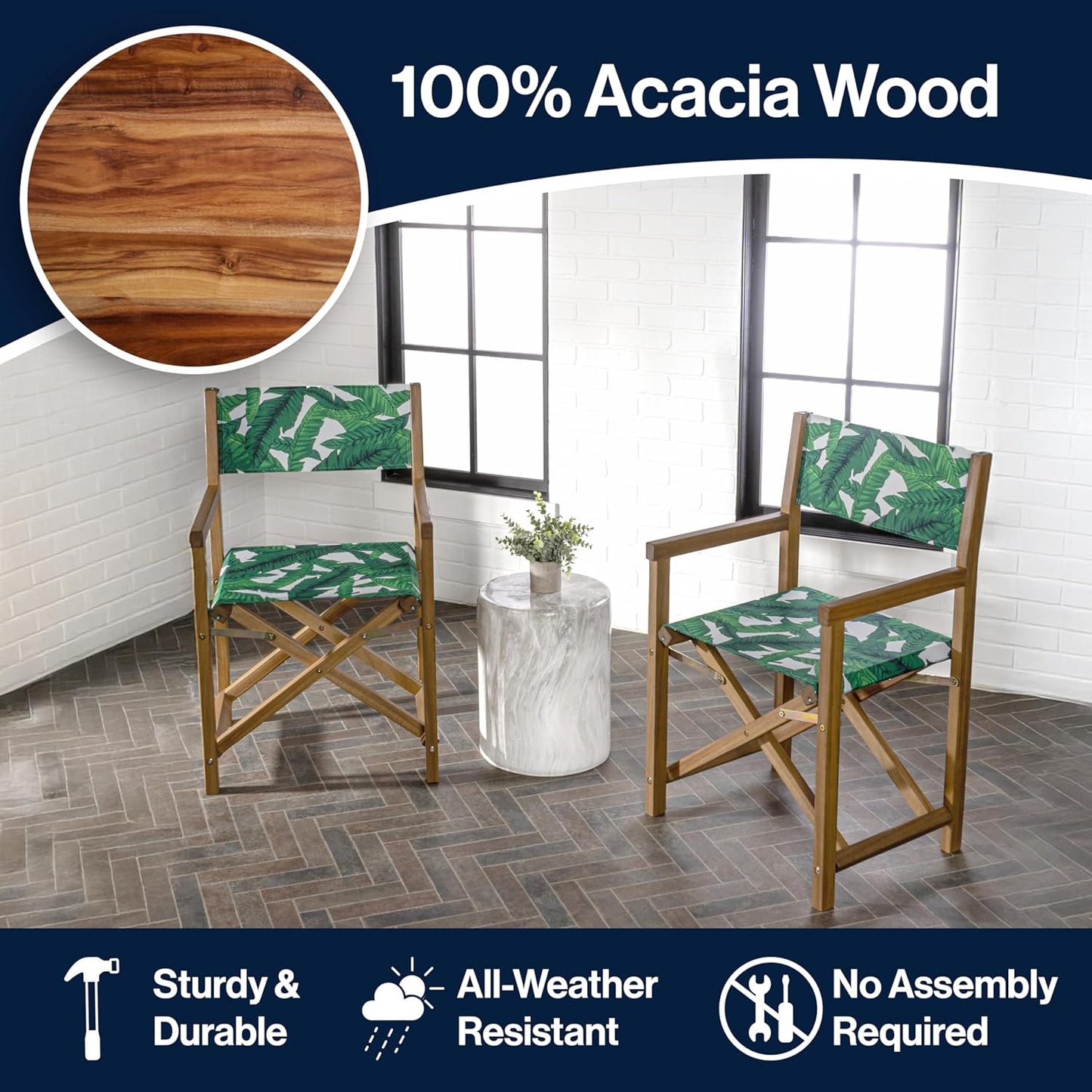 JONATHAN Y DRC1001A-SET2 Cukor Classic Vintage Outdoor Acacia Wood Folding Director Chair with Canvas Seat Mid-Century, Modern, Traditional, Classic, Coastal, Green Leaf/Teak Brown (Set of 2)