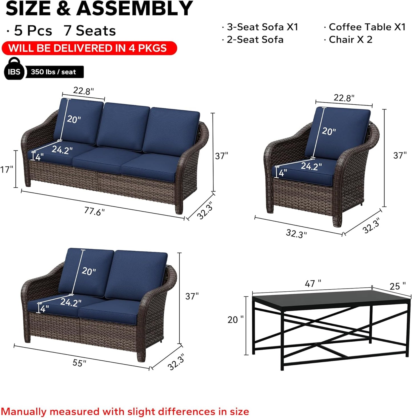 5 Pieces Outdoor Patio Rattan Conversation Furniture Set with Cushions, 78" 3-Seat Wicker Sofa, 55" 2-Seat Couch, 2 Armchairs, Metal Coffee Table for Garden (Navy Blue)