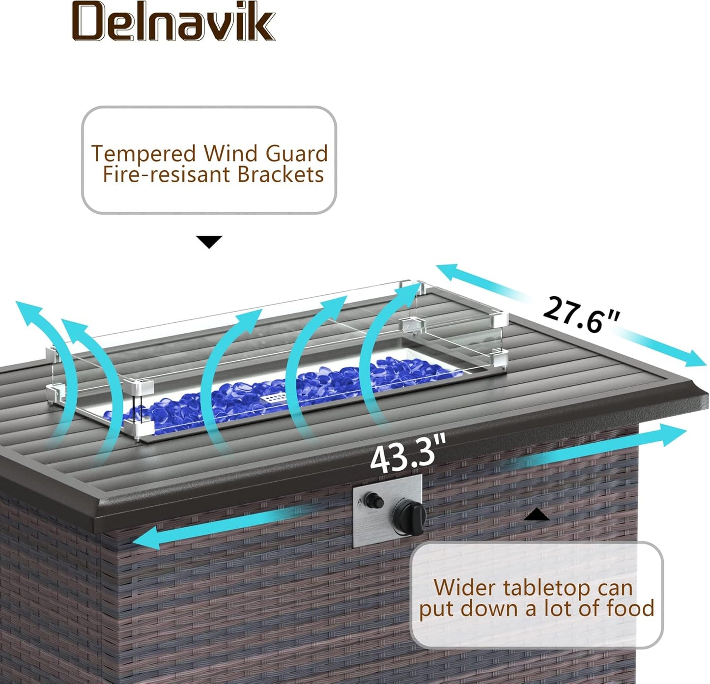 Kurapika Propane Fire Pit Table 43 Inch 55,000 BTU Auto-Ignition, CSA Certification Outdoor Rattan Gas Fire Pits with Slide Out Tank Holder, Outdoor Fire Tables Wider Desktop, Windshield and Lid
