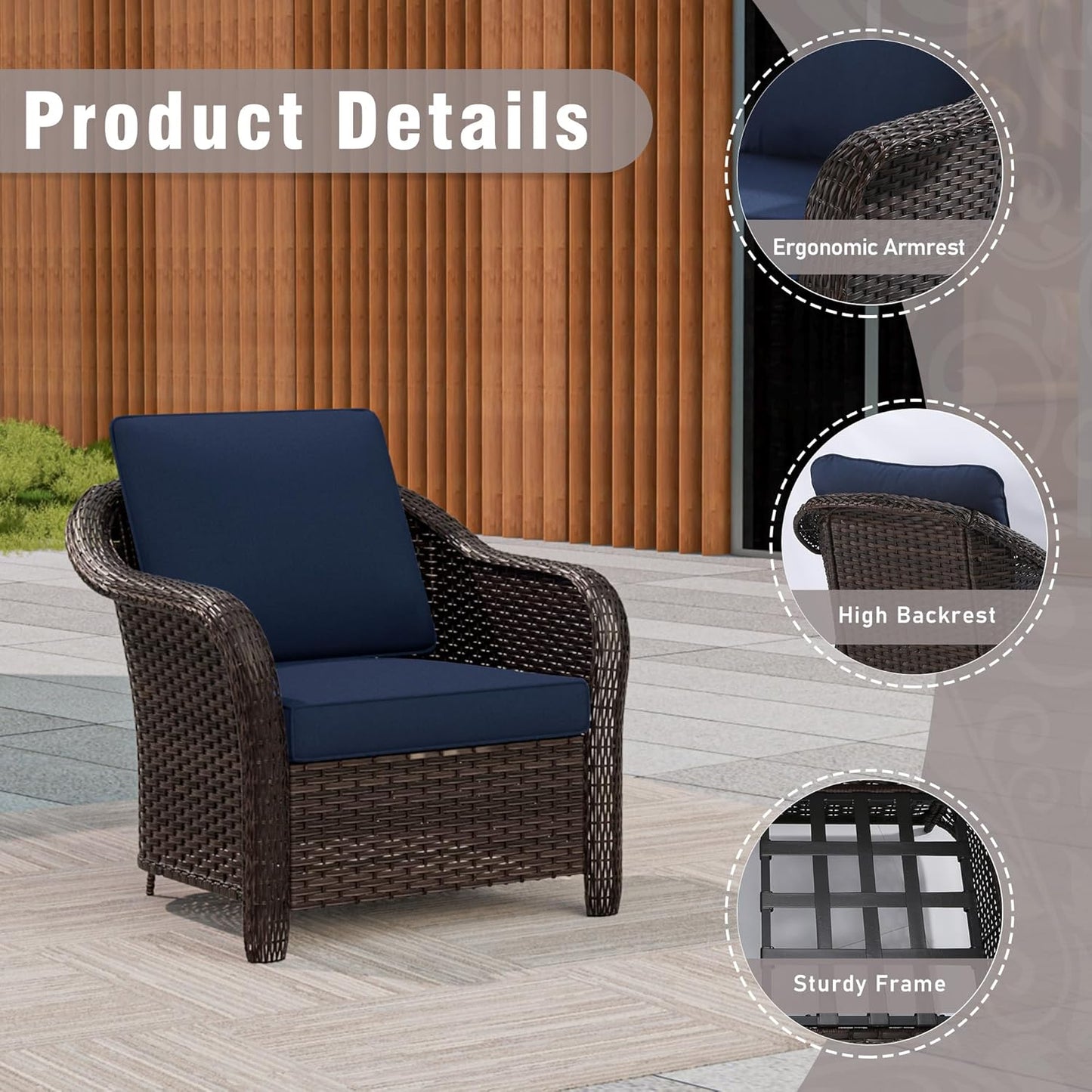 Outdoor Wicker Chair Set of 2, All-Weather Use Patio Rattan Chair with Seat and Back Cushion, Ideal for Porch, Backyard, Balcony, Poolside, Blue