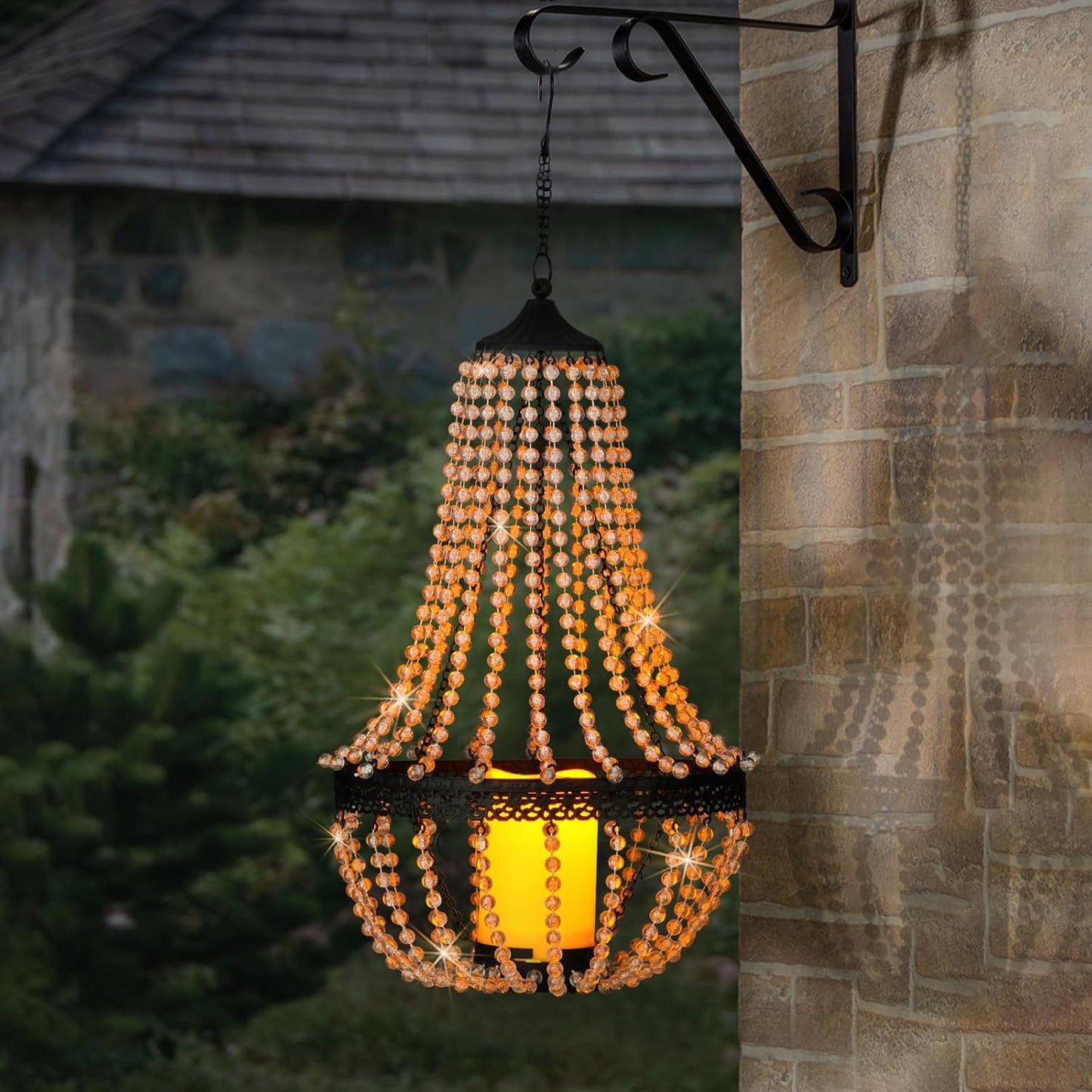 Hanging Candle Lantern, 27” Battery Operated Modern Clear Acrylic Crystal Chandeliers with Flickering Yellow Led Candle Light S Hooks for Garden, Backyard, Gazebo, Room Indoor Outdoor Decor