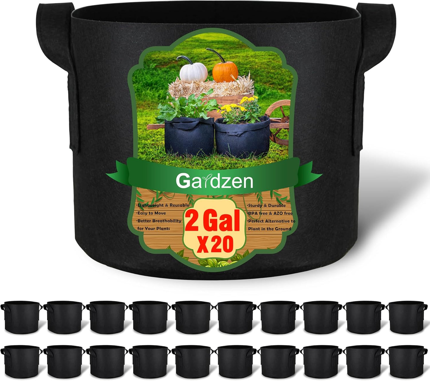 Gardzen 20-Pack 2 Gallon Grow Bags, Aeration Fabric Pots with Handles, Heavy Duty Plant Bags for Plants