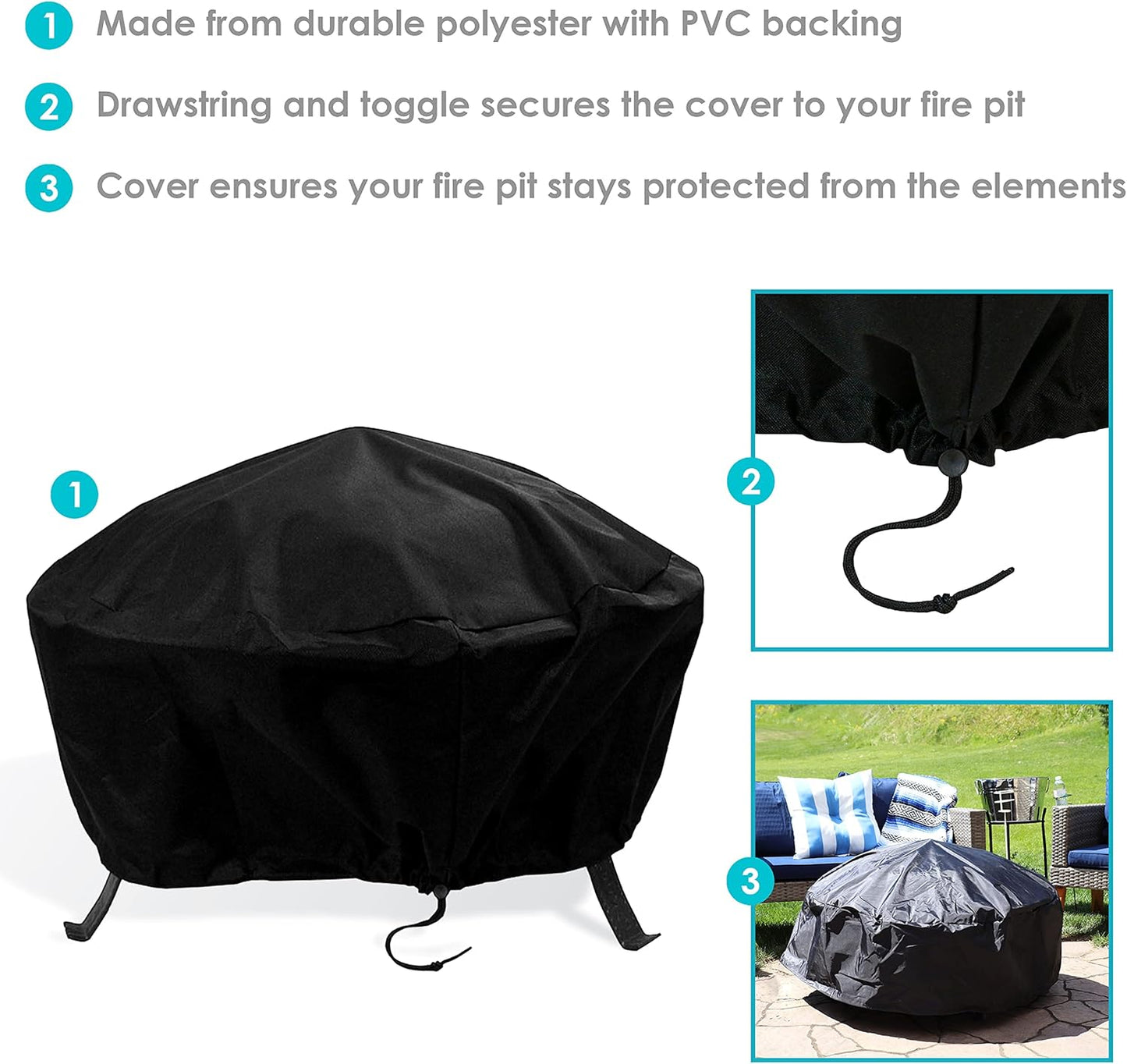 Sunnydaze Round Outdoor Fire Pit Cover - Heavy-Duty 300D Polyester and PVC with Drawstring Closure - Black - 30-Inch