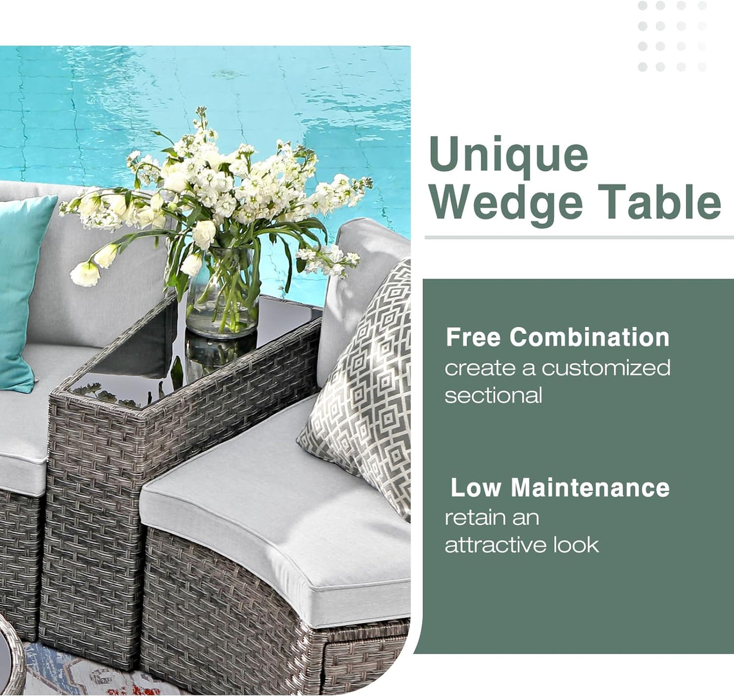 SUNSITT Outdoor Patio Furniture 11-Piece Half-Moon Sectional Round Patio Furniture Set Curved Outdoor Sofa with Tempered Glass Round Coffee Table, 4 Pillows, Grey Rattan & Light Grey Cushion