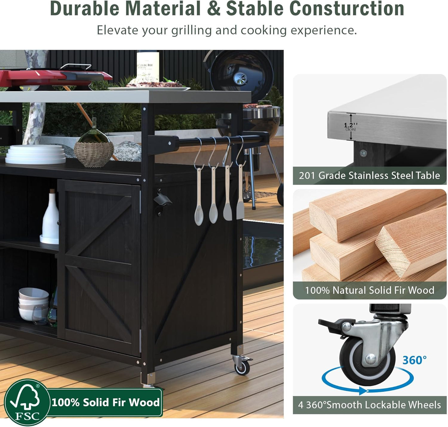 50.25" W Grill Cart with Stainless Steel Tabletop - Outdoor Storage Cabinet for BBQ, Bar Patio Kitchen Island with Ample Storage and Lockable Wheels