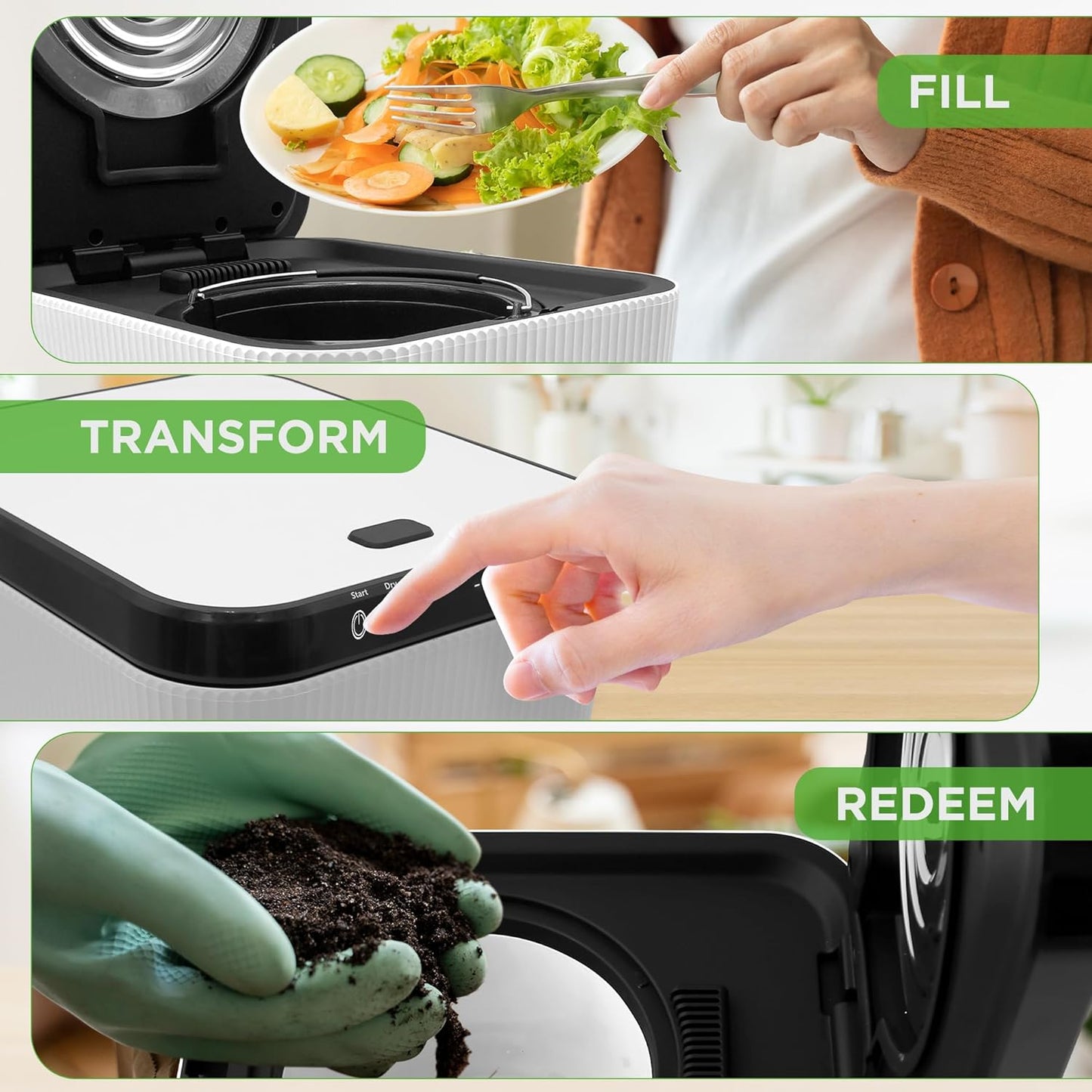 NutriChef Electric Kitchen Composter | 3 Quart Food Recycler | Food Waste Compost Bin for Countertop | 1 Button to Compost, Easy to Clean Composter Bucket | Low Noise, Odorless & Auto Clean | White