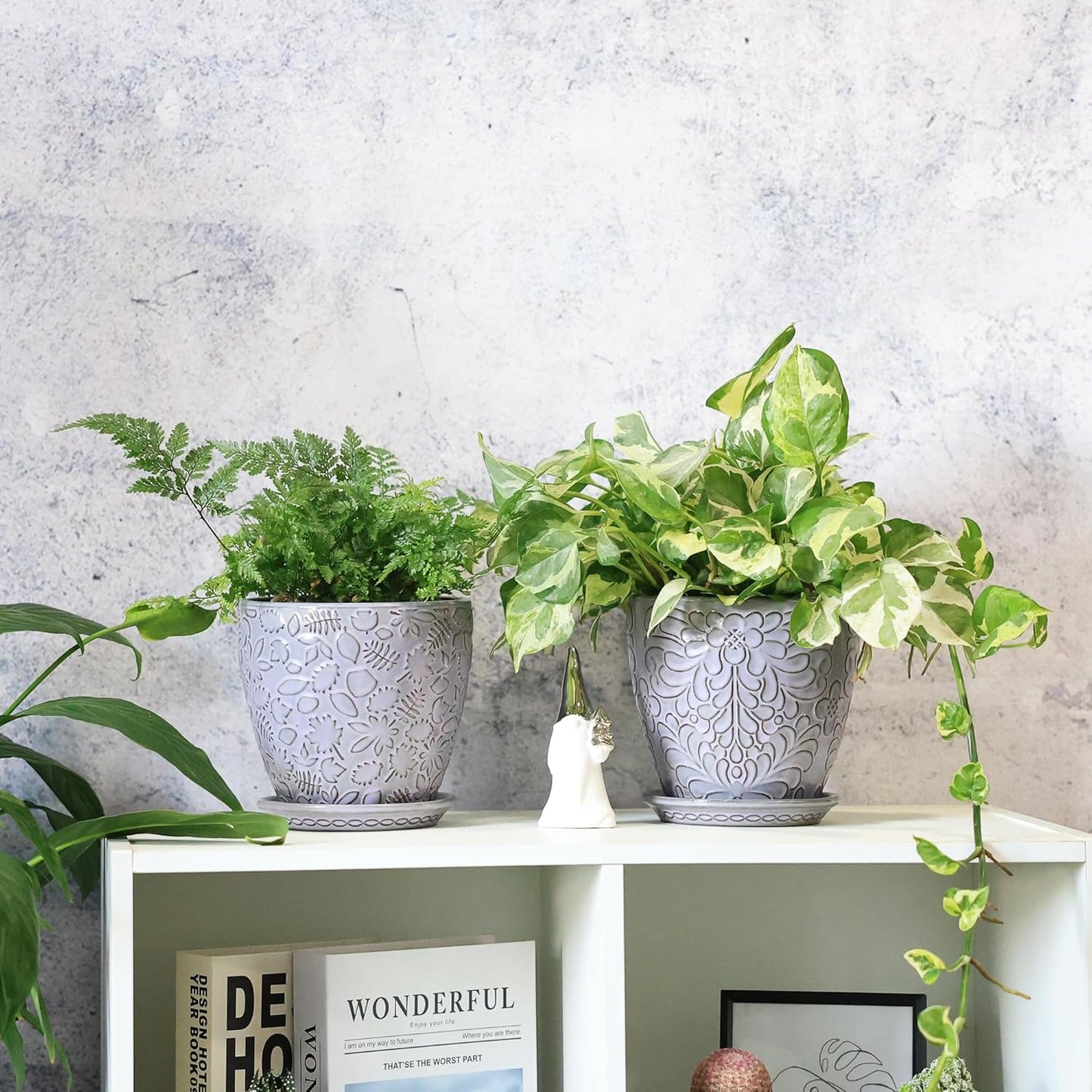 6 Inch Retro Ceramic Planter Set of 2 with Drainage Hole and Saucer for Plants, Indoor-Outdoor Garden Pots for Succulents, Orchids, and Flowers (Fits Inner Pots Up to 5 Inches, Light Blue)