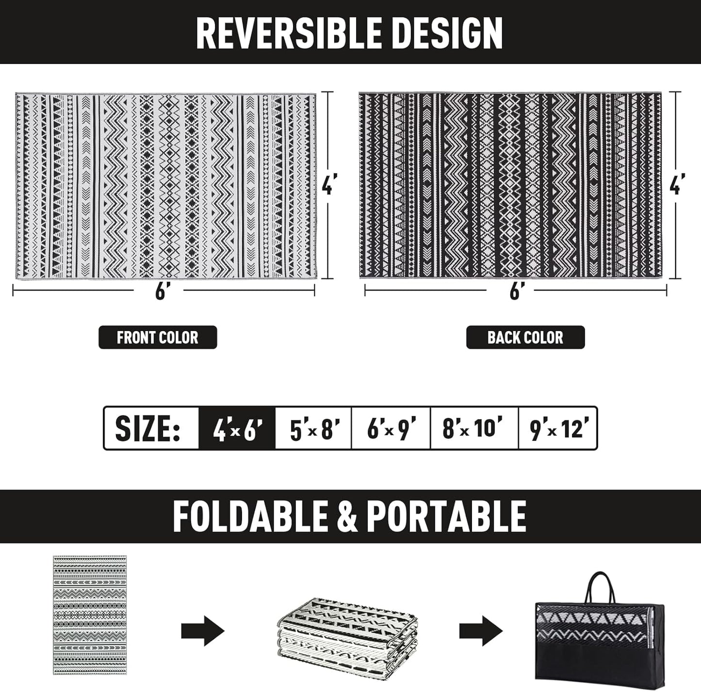 WILDROOTS 5x8 Feet Black and White Plastic Outdoor Rug, Stain Resistant Waterproof Reversible Outdoor Patio Rug, Fade Resistant Camping Rug
