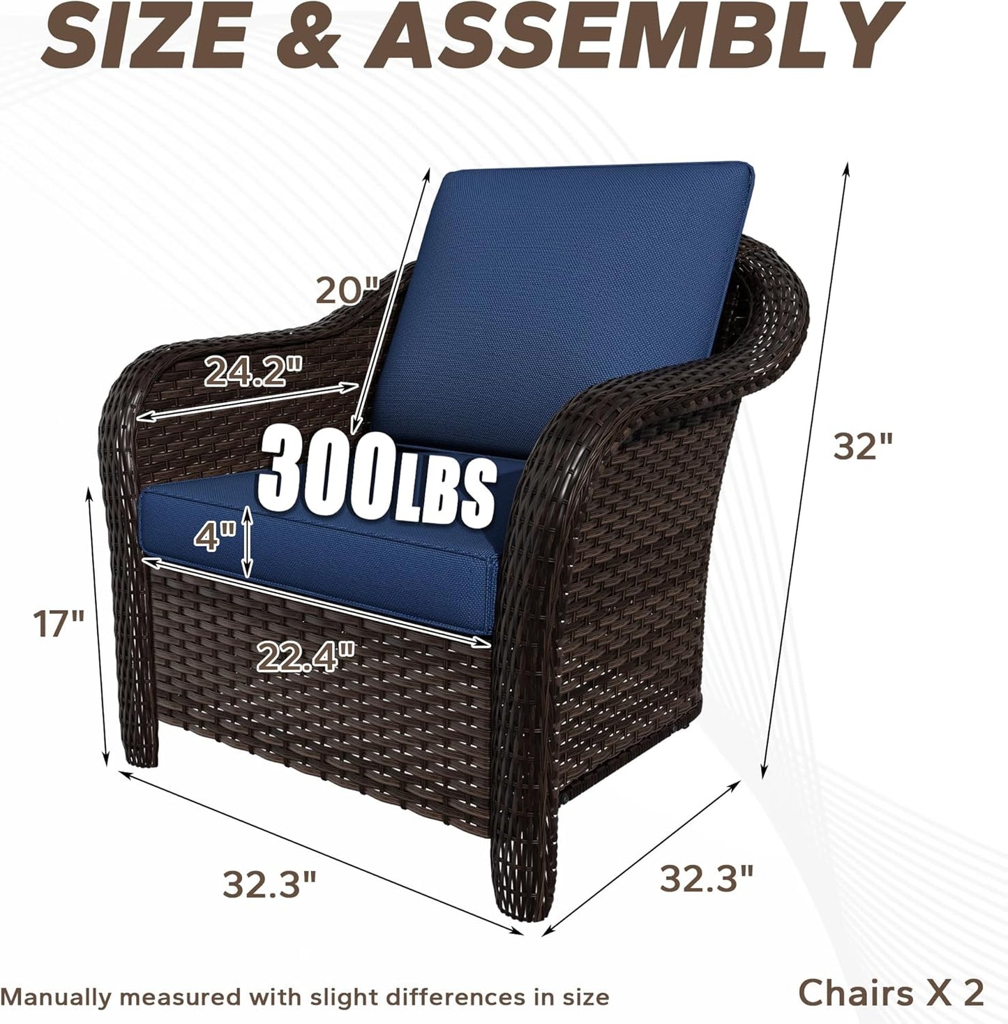 Patio PE Rattan Chairs Set of 2, All-Weather & Steel Frame Outdoor Conversation Furniture Set with Washable Cushions for Garden, Bistro, Deck, Yard (Navy Blue)