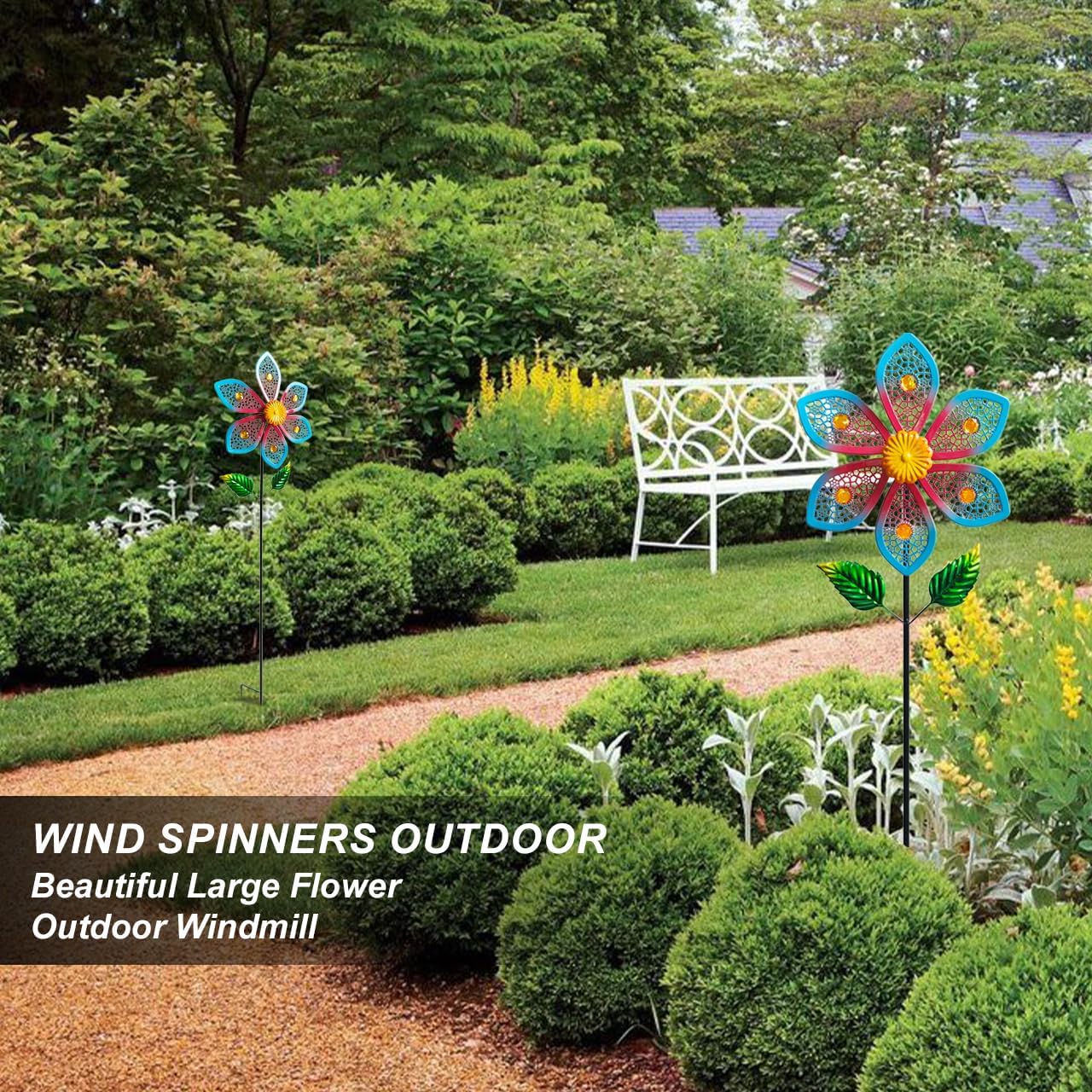 2 Pack Metal Wind Spinners for Garden Decor - Outdoor Windmill Sculptures, Durable Yard Art Wind Spinners Metal Wind Spinner for Patio Lawn Ornament, Vibrant Red & Blue Garden Spinners