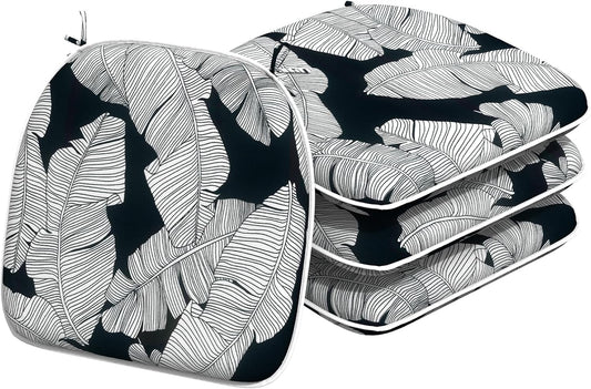 Indoor/Outdoor Chair Cushions 16x17 Inch, Patio Chair Cushions with Ties, All Weather Seat Cushions for Patio Furniture Home Garden Chair Use, Set of 4, Black Lush Leaves