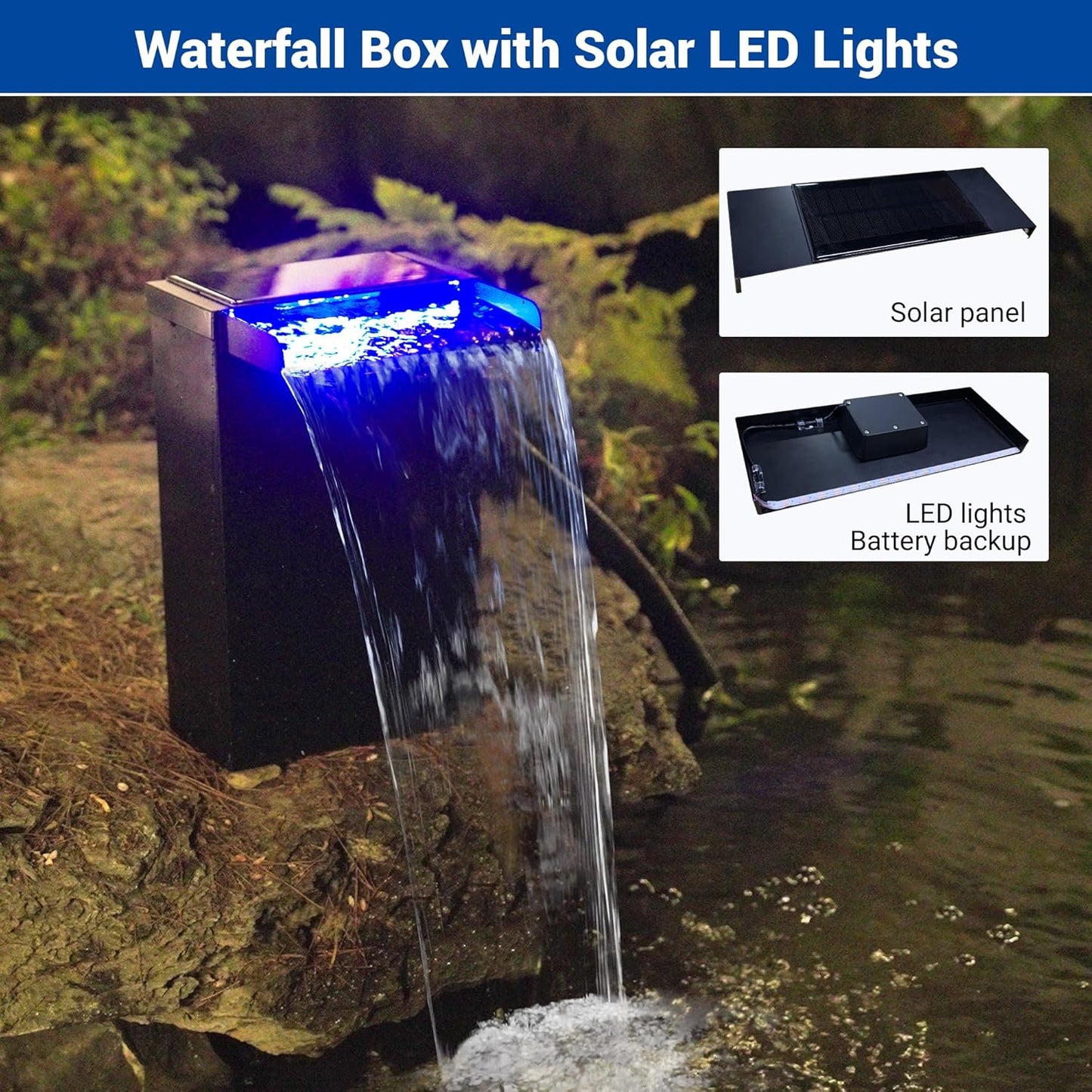 NFESOLAR Pond Waterfall Spillway Kit, Includes Large 7.8" W 13.4" H Stainless Waterfall Box, 660GPH Water Pump, Blue LED Lights for Garden Outdoor Pond 500-1500 Gallons N4213