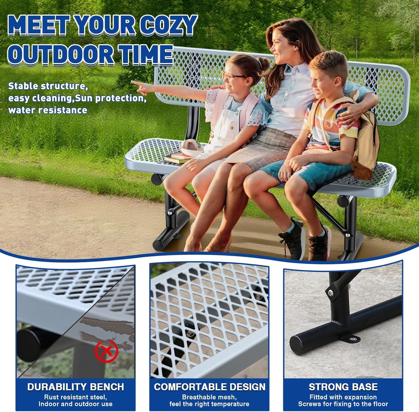 4 Feet Heavy Duty Park Bench with Back Portable Frame, Outdoor Steel Bench with Backrest, Expanded Metal Mesh Bench for Lawn, Park, Deck, Garden, Patio, Porch, Grey