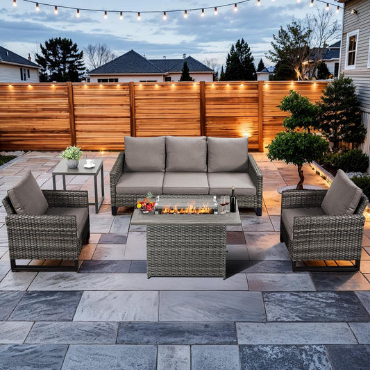 HUMMUH 5 Piece Outdoor Furniture Set with Fire Pit Table 41in 55,000 BTU,Wicker Outdoor Conversation Sets -Patio Chairs Set of 2 Patio Sofa for Porch,Garden,Backyard