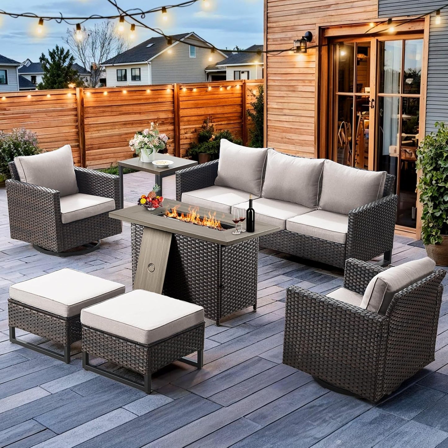 HUMMUH 7 Piece Patio Furniture Set with Fire Pit 41in 55,000 BTU,Wicker Outdoor Conversation Sets - Patio Swivel Chairs Sofa Ottomans,Side Table for Porch,Garden,Backyard