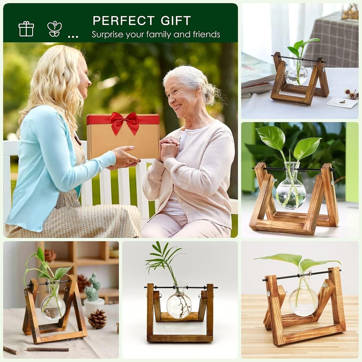 Kingbuy Plant Propagation Station Air Plant Terrarium Bulb Vase with Wooden Swivel Holder Desktop Glass Planter for Indoor Water Plants Home Office Tabletop Decor - 1 Bulb Vase