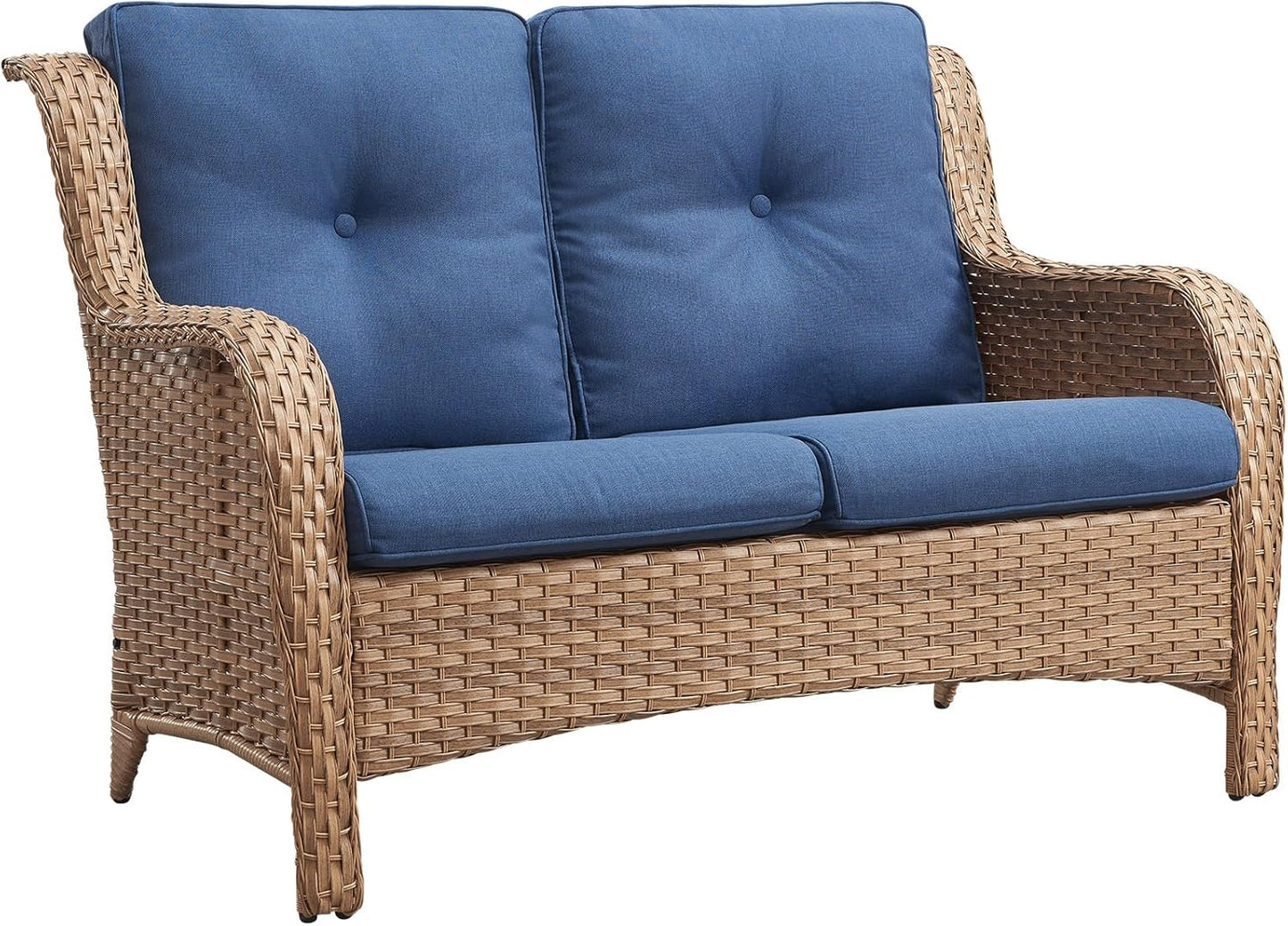 Outdoor Loveseat Patio Couch - 500 Lbs Weight Capacity Wicker Loveseat with High Backrest Wide Armrest, Small Patio Furniture Rattan 2 Seater Sofa for Balcony Deck Proch Poolside Yellow