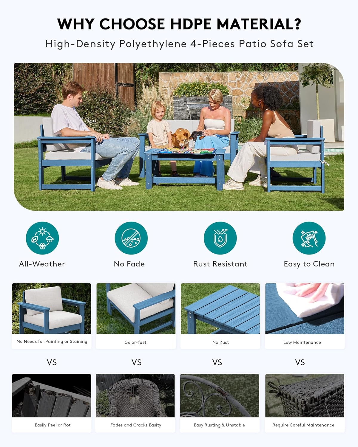 SERWALL Blue HDPE Outdoor Loveseat with Khaki Cushions