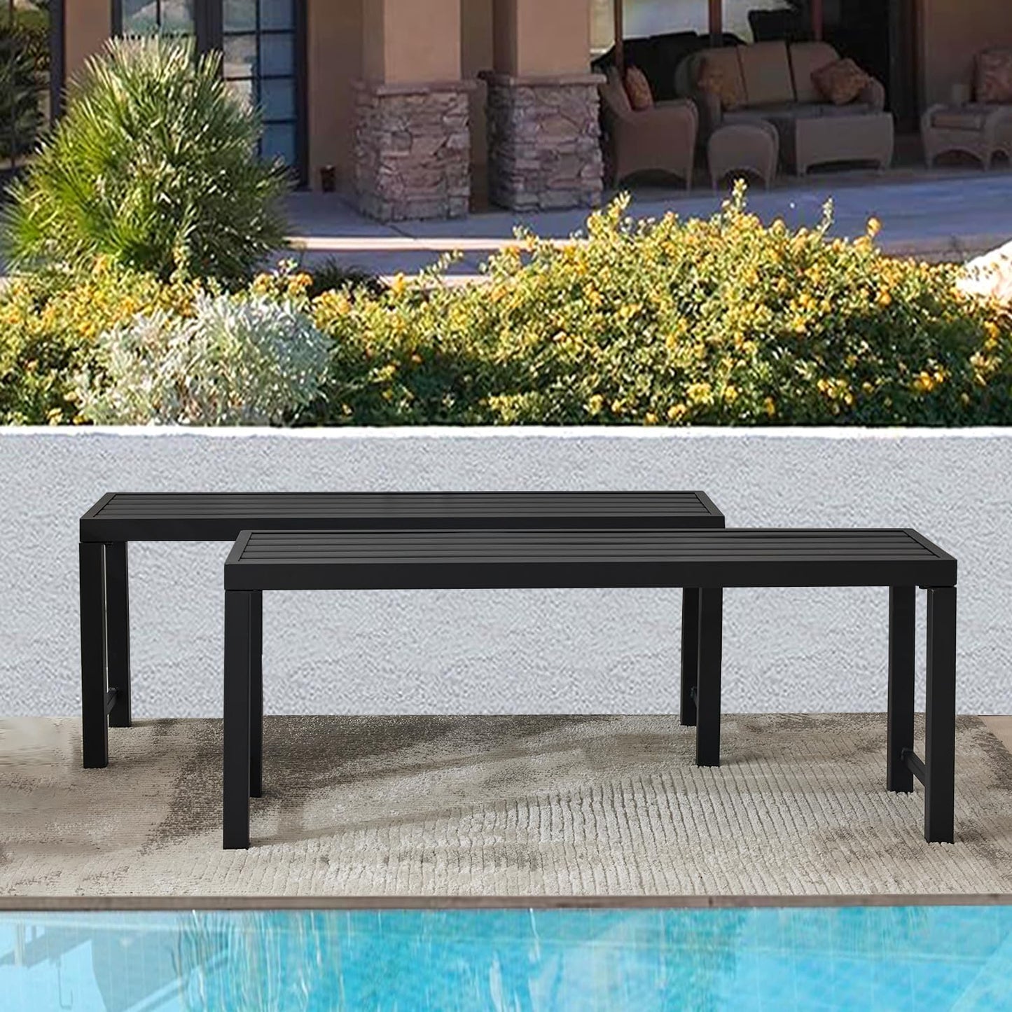 Black Outdoor Bench, Outdoor Metal Backless Bench Set of 2, 46" Patio Garden Bench for Outdoor, All Weather Outdoor Bench for Garden, Backyard, Porch, Black