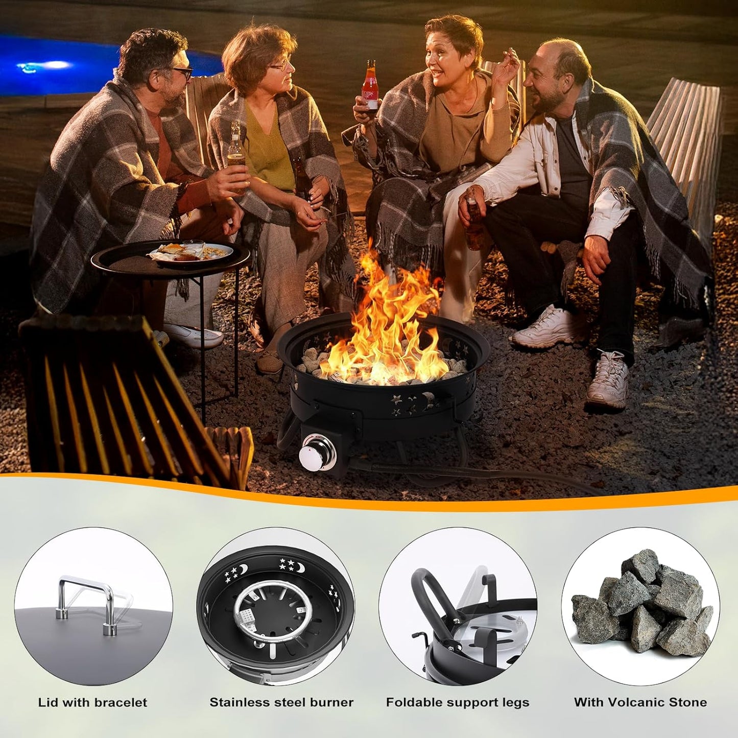 Portable 17 inch Propane Fire Pit 58000 BTU Smokeless Gas Fire Bowl with Adjustable Flame,Cover Carry Kit,CSA Certified for Camping,Patio,Backyard,RV&Tailgating-Includes Hose&Lava Rocks