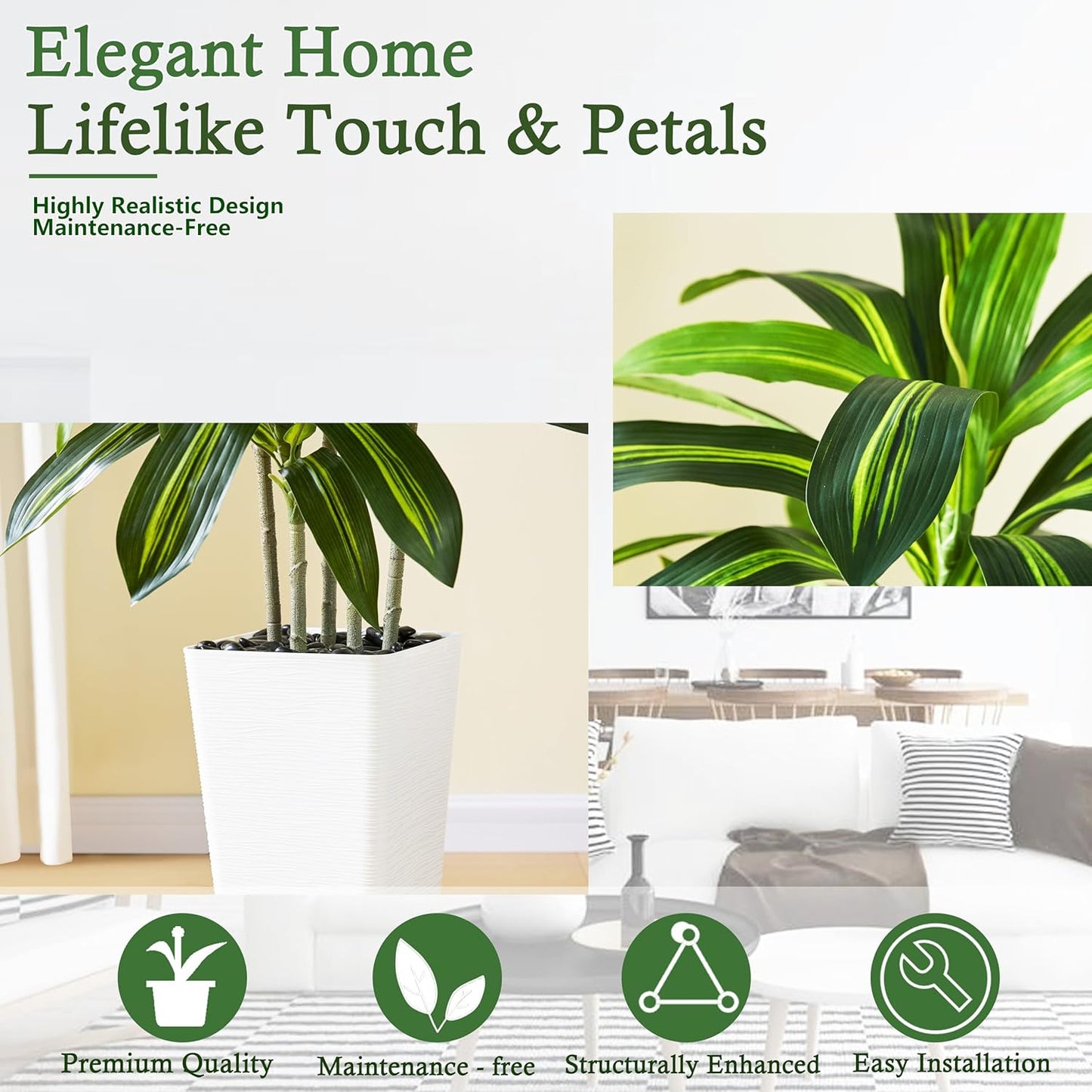 Artificial Dracaena Tree：5FT Faux Silk Tropical Yucca Floor Trees Realistic Fake Green Plant with Natural Wood Trunk & Lifelike Leaves for Home Office Decor Indoor & Outdoor (5FT,1-Pack,White)