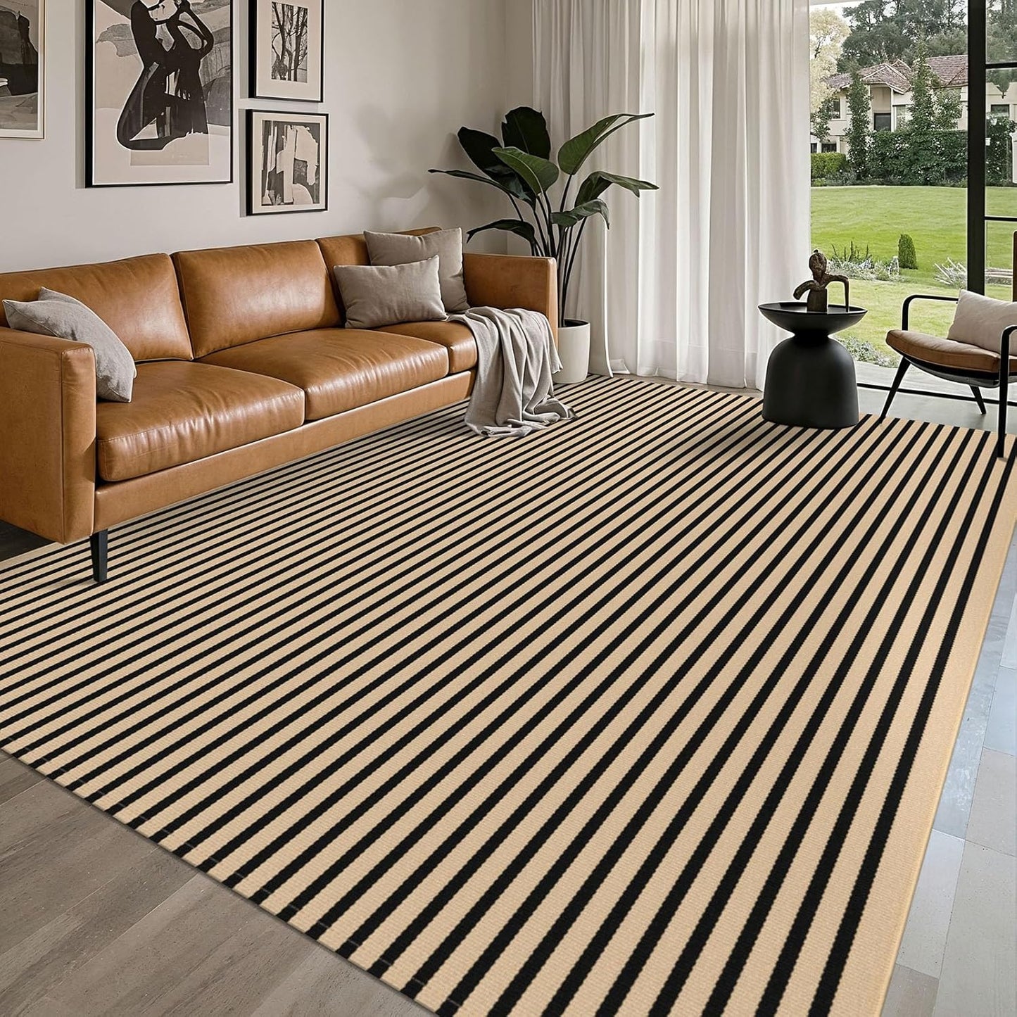 IOHOUZE Striped Area Rug 8'x10' Indoor Outdoor Rug, Washable Area Rug for Living Room, Large Patio Rug, Cotton Striped Rugs for Patio Living Room Bedroom, Tan/Black
