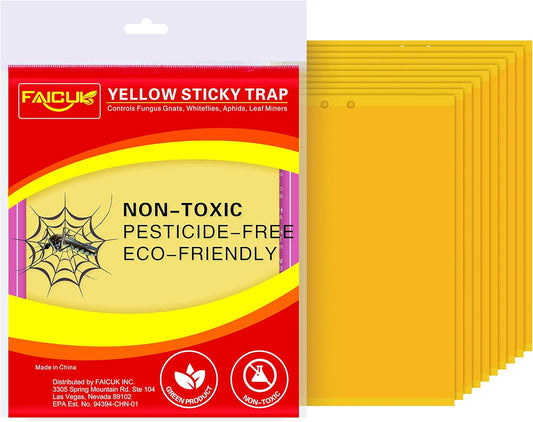 Faicuk Yellow Dual-Sided Sticky Fly Traps for Plant Insect Like Aphids, Fungus Gnats, Leaf Miners and White Flies (10 Pack)
