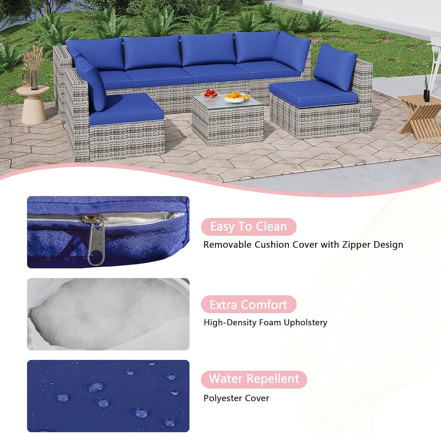 7-Piece Patio Furniture Set - Outdoor Sectional Sofa Set with Cushions and Glass-Top Coffee Table for Gardens, Poolside, Backyards and Porches, Grey/Navy Blue