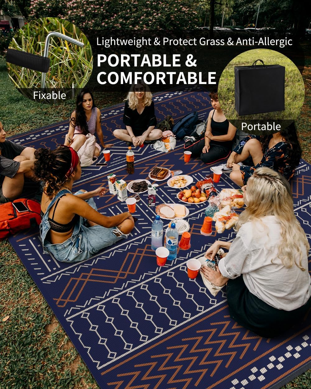 Outdoor Rug Carpet Waterproof 8x10 ft Patio Rug Mat Indoor Outdoor Area Rug for RV Camping Picnic Reversible Lightweight Plastic Straw Outside Rug for Patio Decor Decoration Boho Rug Navy Red