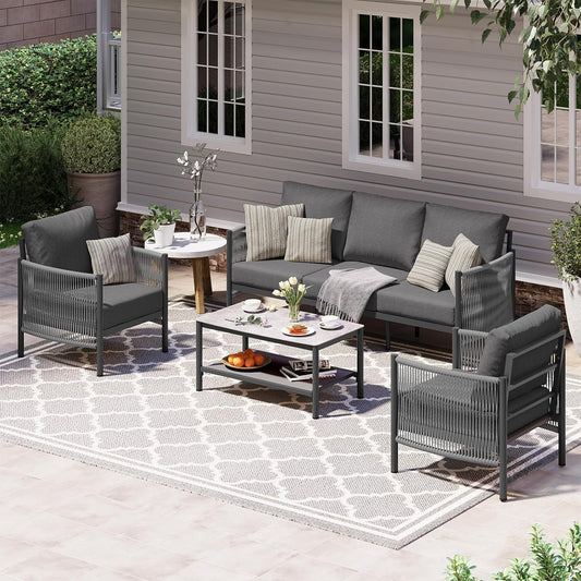 Aluminum Outdoor Patio Furniture Set, HDPE Rope 4 Piece Modern Sectional Conversation Sets with Dual-Layer Coffee Table, All Weather Patio Couch Set with Thick Cushions, Gray Frame, Charcoal