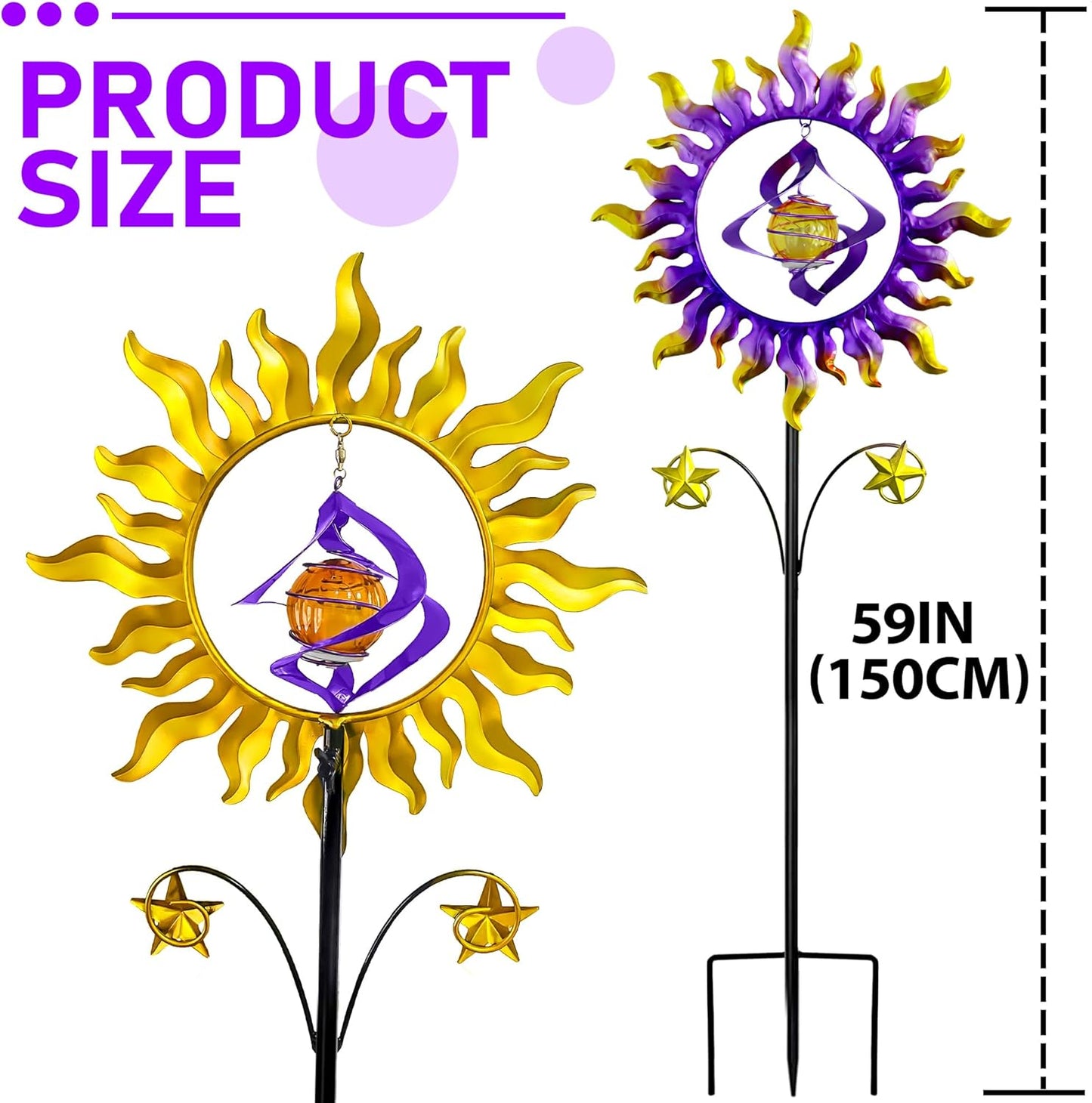 60 in Solar Wind Spinners for Yard and Garden, Sun and Stars Wind Sculptures Outdoor Clearance Kinetic Windmills with 360° Rotating Solar Lamp Ball for Patio, Lawn Xmas Garden Decor