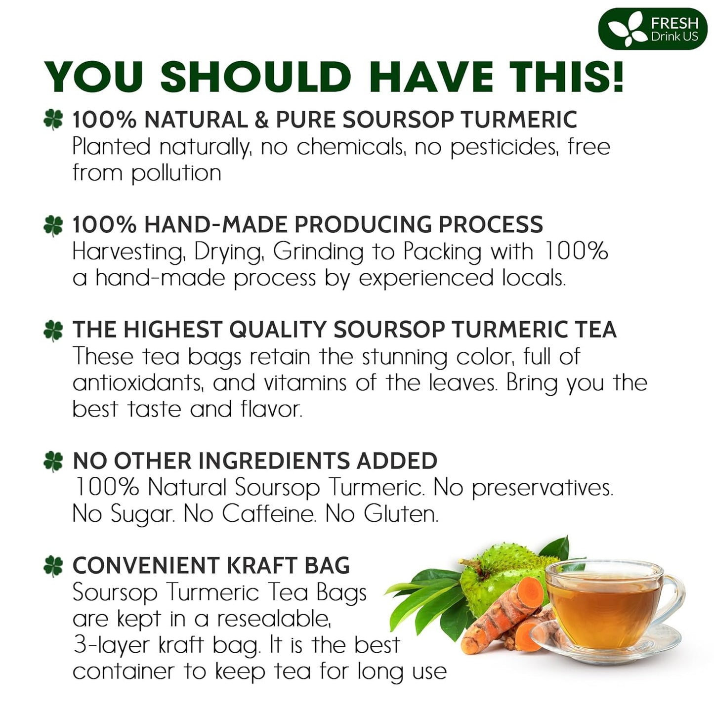 FreshDrinkUS, Premium 40 Soursop Turmeric Tea Bags, 100% Natural, Blend of Soursop Leaves, and Turmeric Root. Made with Natural Material Tea Bags. No Sugar, Vegan.