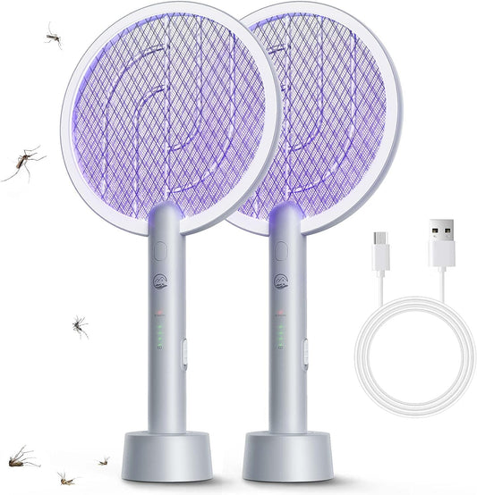 Electric Fly Swatter Racket, 2 in 1 Bug Zapper with USB Rechargeable Base, 4000 Volt Mosquito Killer with 3-Layer Safety Mesh for Pest Insect Control for Indoor、Office、Backyard、Camping（Gray-2 Pack）