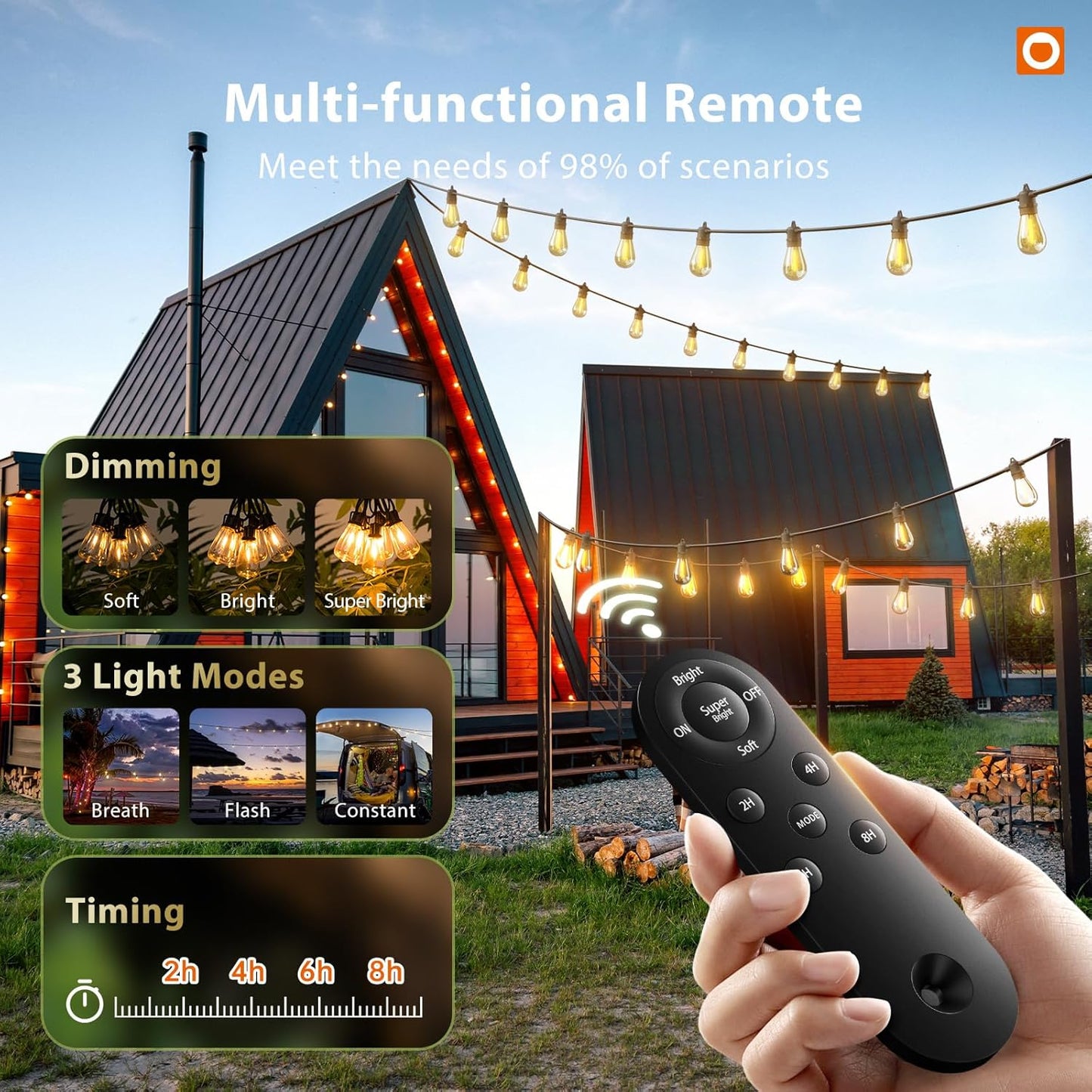 addlon 54FT(48+6) Solar String Lights Outdoor Waterproof with 3W High Power Panel USB Charging & Remote - Dimmable Solar Power Patio Lights for Porch, Garden, Yard, Market, Bistro - Super Bright