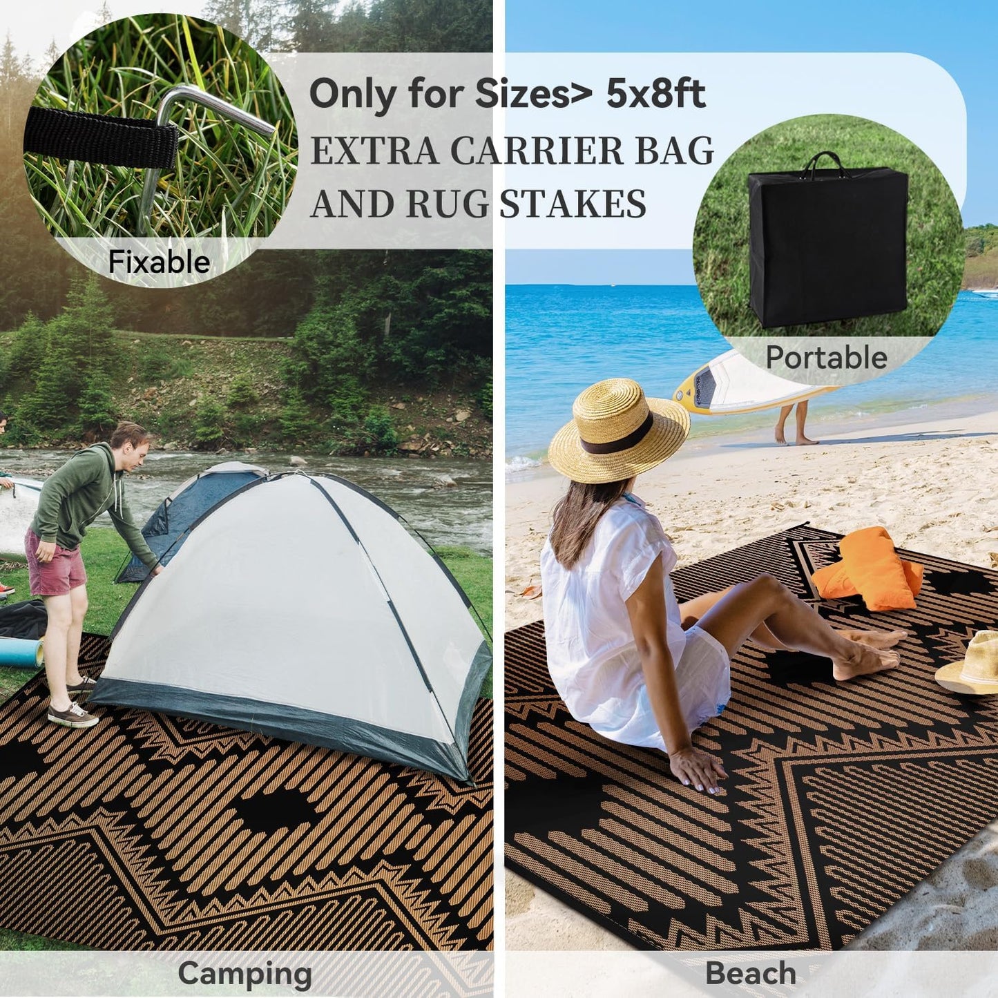 MontVoo Outdoor Rug-Waterproof Patio Rug Mat 5x8 Outdoor Carpet Mat Reversible Plastic Straw Outside Outdoor Rug for RV Camping Picnic Balcony Backyard Pool Deck Porch Modern Boho Black Brown