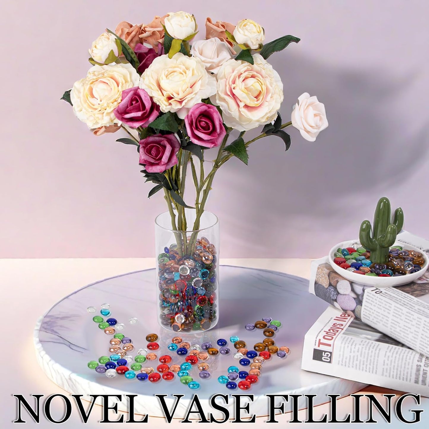 100PCS Mini Glass Gems,Mixed Colour Mancala Stones Flat Bottom Marble Beads for Home Decorative Art Craft Vase Filler(0.5"~0.7")