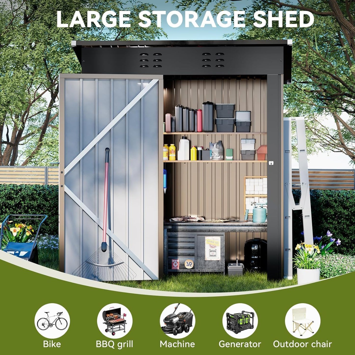 COMHOMA Shed Outdoor Storage Shed Metal,Lockable Doors Tool Sheds with Sloping Roof,Steel Garden Shed with Air Vent for Backyard,Patio,Lawn,Poolside (Brown, 5'*3')