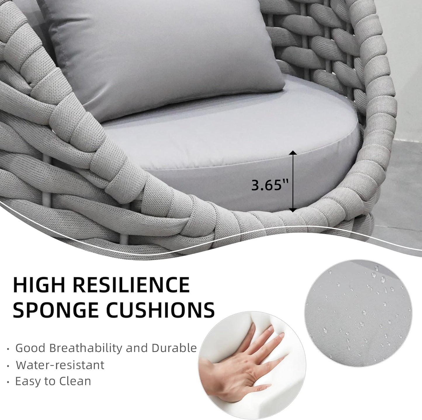 5 Pieces Patio Furniture Set, Outdoor Rope Conversation Sectional Patio Sofa with 5 Seater for Backyard, Porch, Modern Armchairs with Thickness Cushions and Side Table, Light Grey