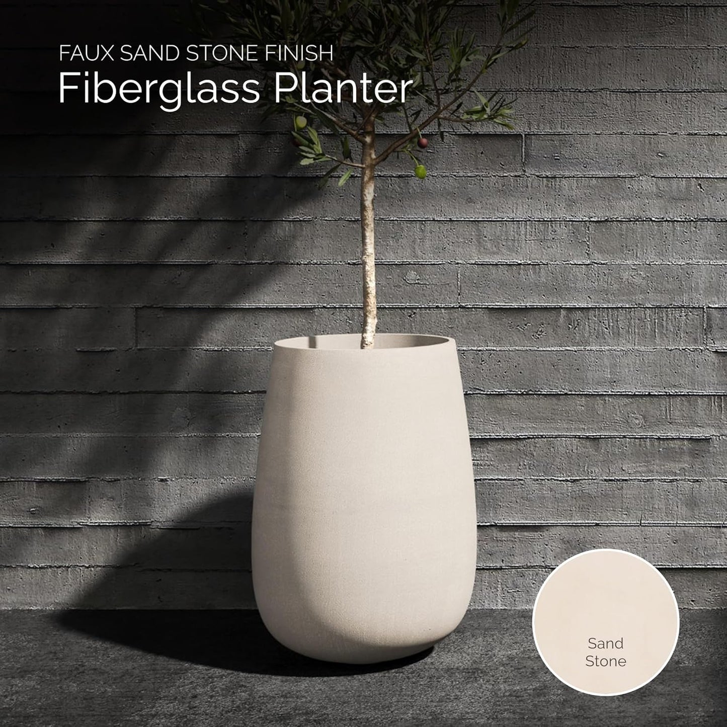 Mondo High Tall Planter – Sand Stone Finish – Fiberglass Indoor/Outdoor and Weather-Resistant Round Planter (25.6" D x 35.6" H Exterior, 20.3" D x 35.4" H Interior)