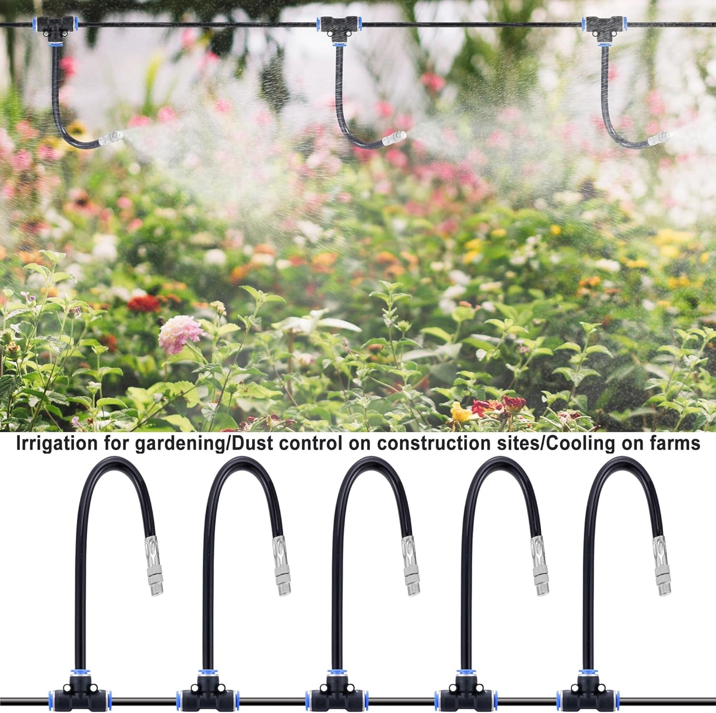 Mornajina 5 Packs Brass Misting Nozzles Tee with 20 inch Built in Hose for Outside Misting System, Adjustable 360° Rotation, Water Mister Nozzles Thread Sprayer 0.043" (1.1 mm)